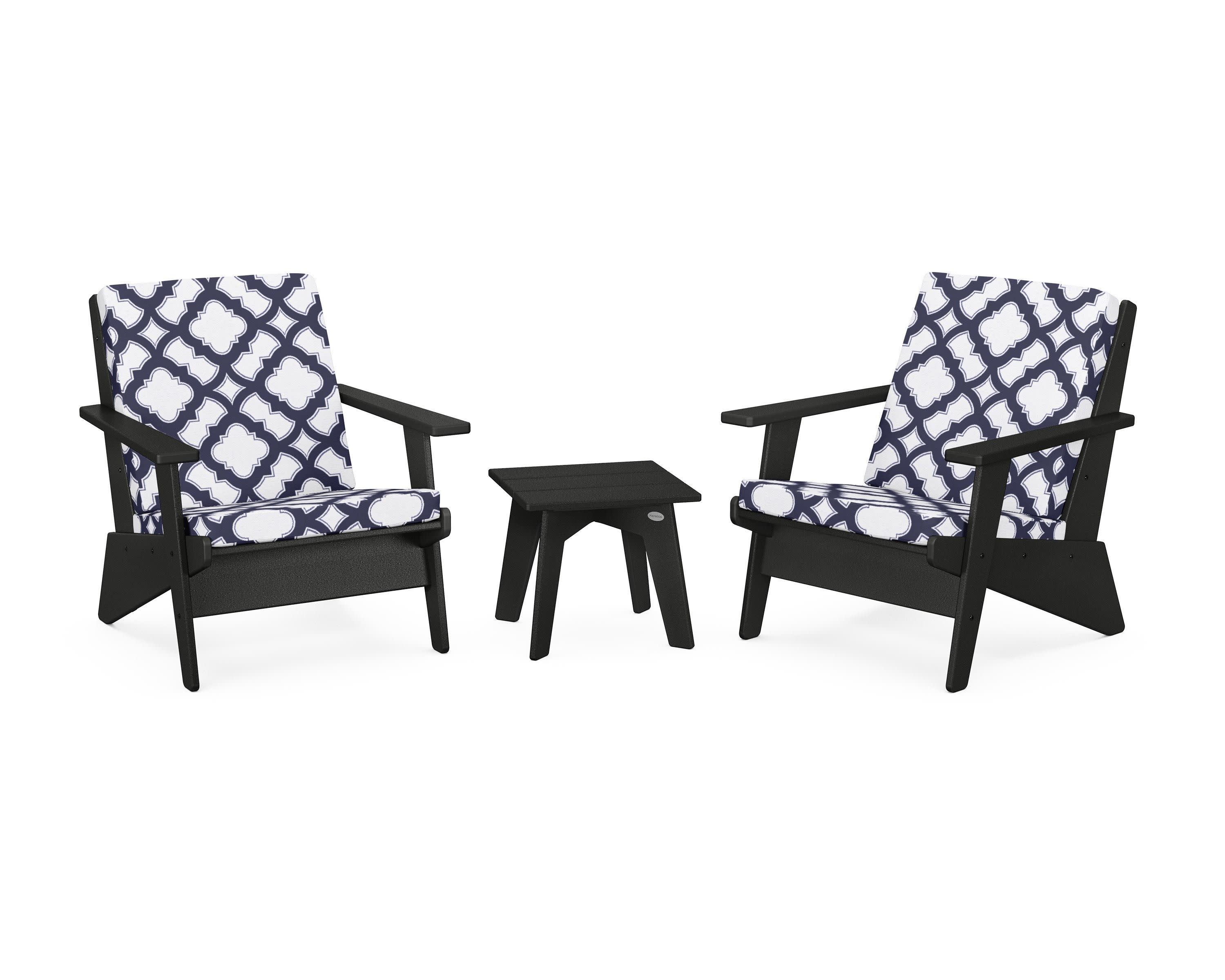 Riviera Modern Lounge 3-Piece Set in Black / Trellis Navy