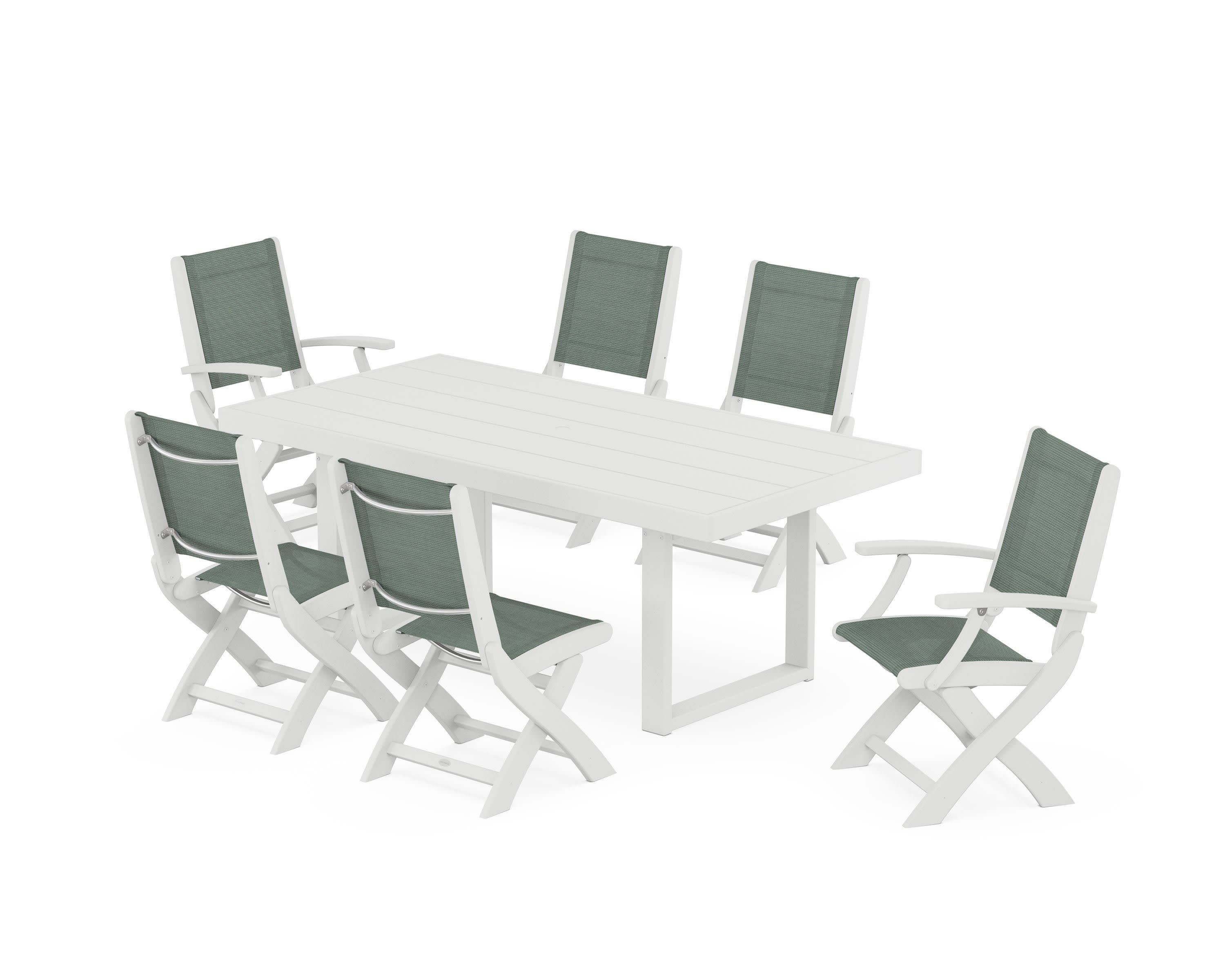 Coastal Folding Chair 7-Piece Dining Set with Trestle Legs in White / Dupioni Sea Mist Sling