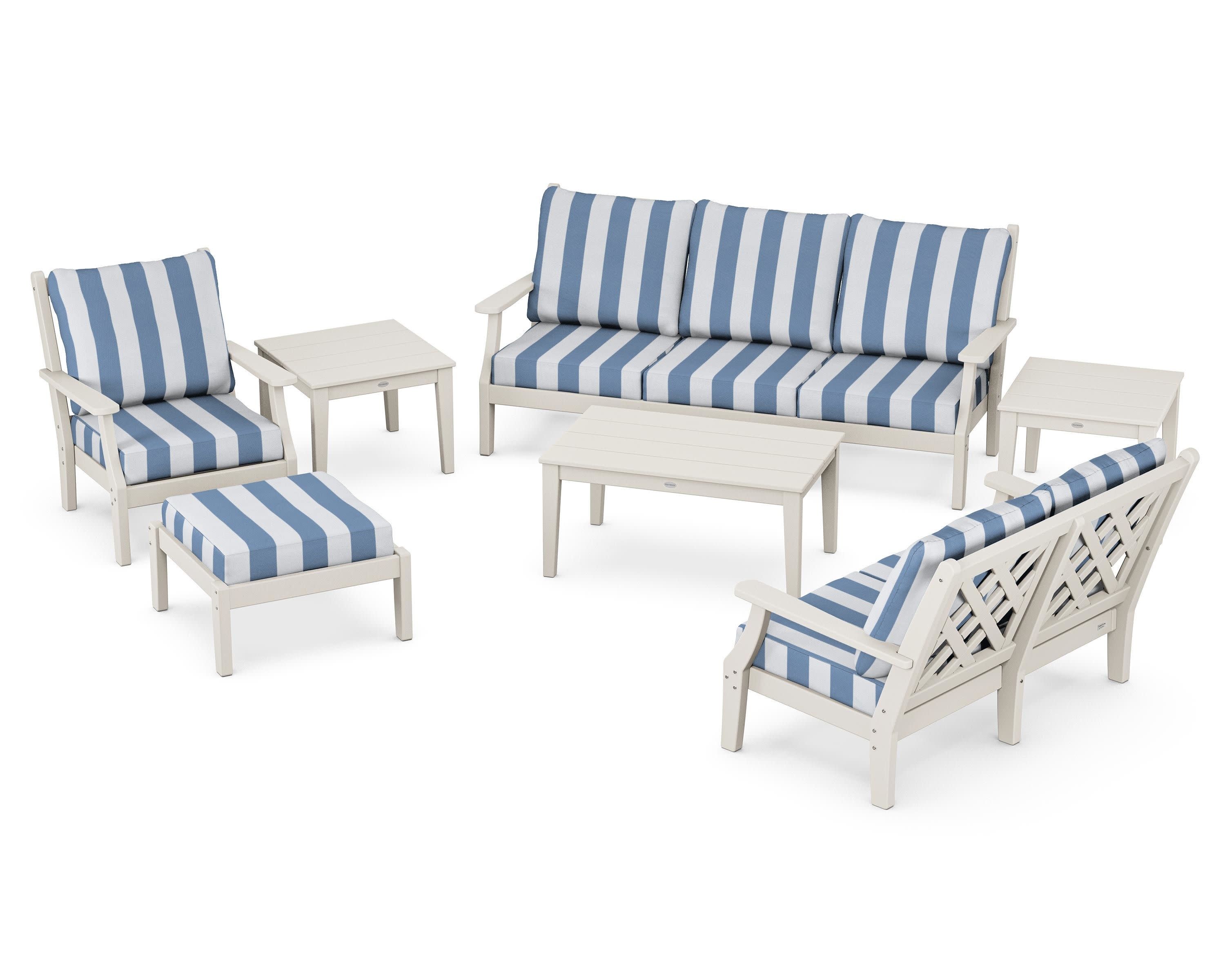 Wovendale 7-Piece Deep Seating Set in Sand / Cabana Stripe Sky Blue