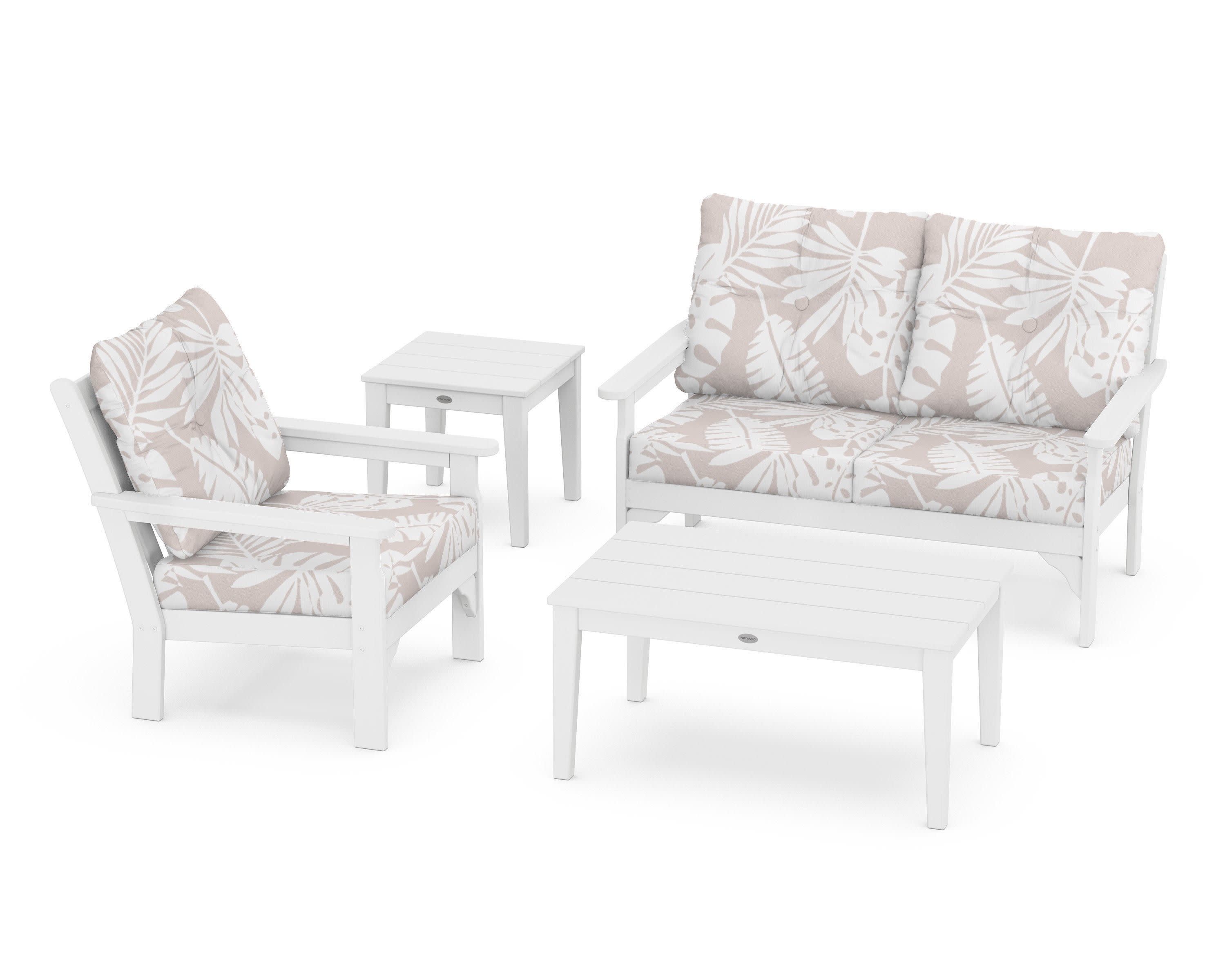 Vineyard 4-Piece Deep Seating Set in White / Leaf Dune Burlap