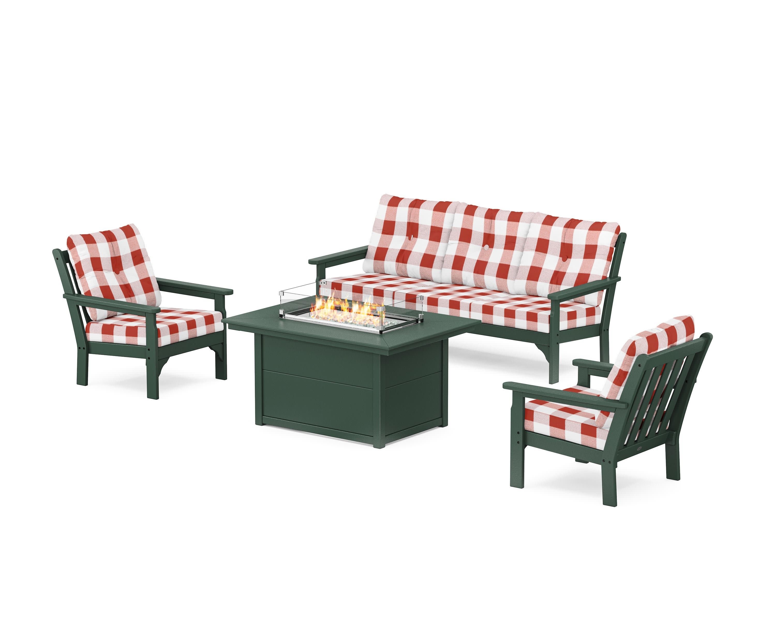 Vineyard Deep Seating Fire Pit Table Set in Green / Buffalo Plaid Crimson
