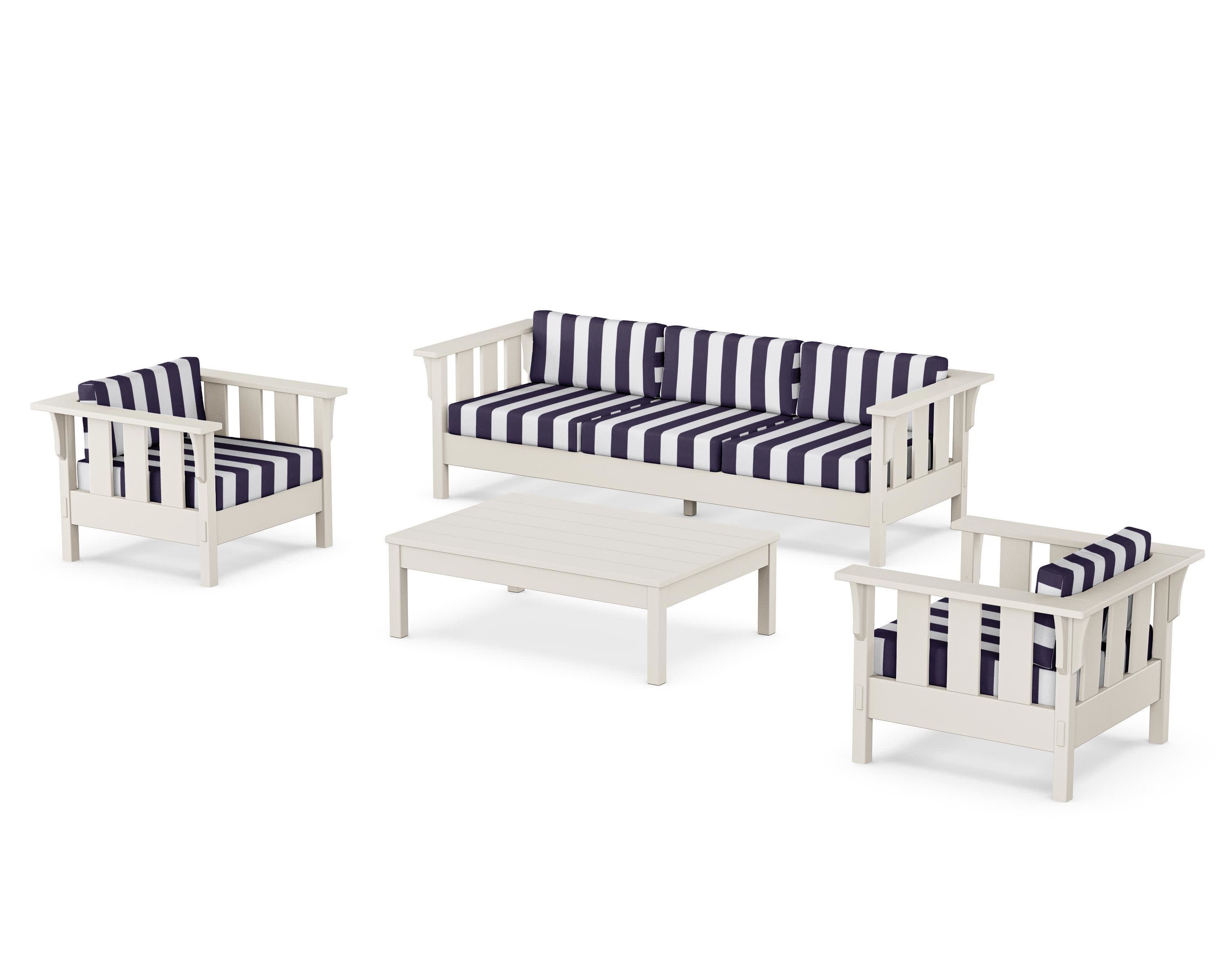Acadia 4-Piece Deep Seating Set with Sofa in Sand / Cabana Stripe Navy
