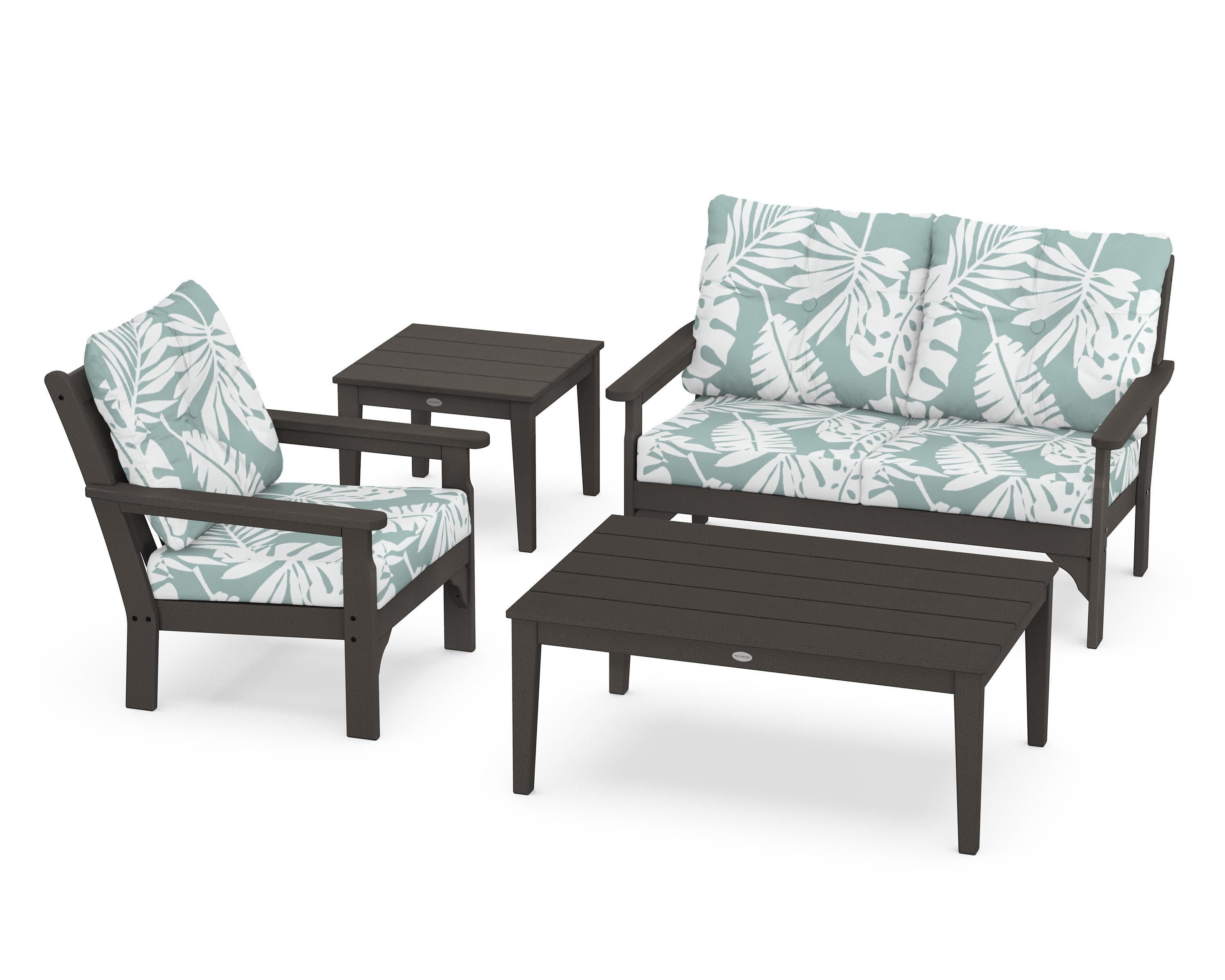 Vineyard 4-Piece Deep Seating Set in Vintage Coffee / Leaf Glacier Spa