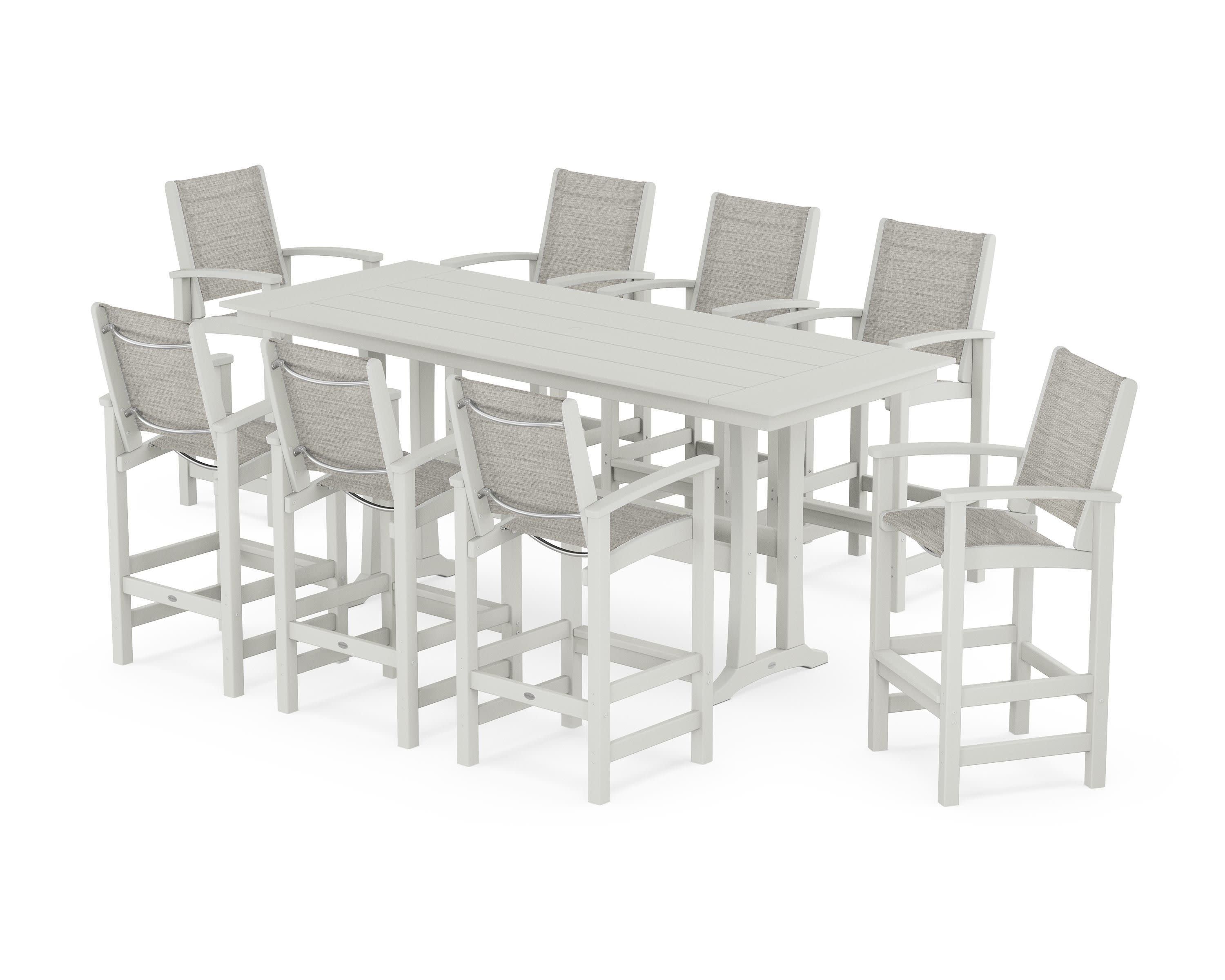 Coastal 9-Piece Farmhouse Bar Set with Trestle Legs in Vintage White / Birch Sling