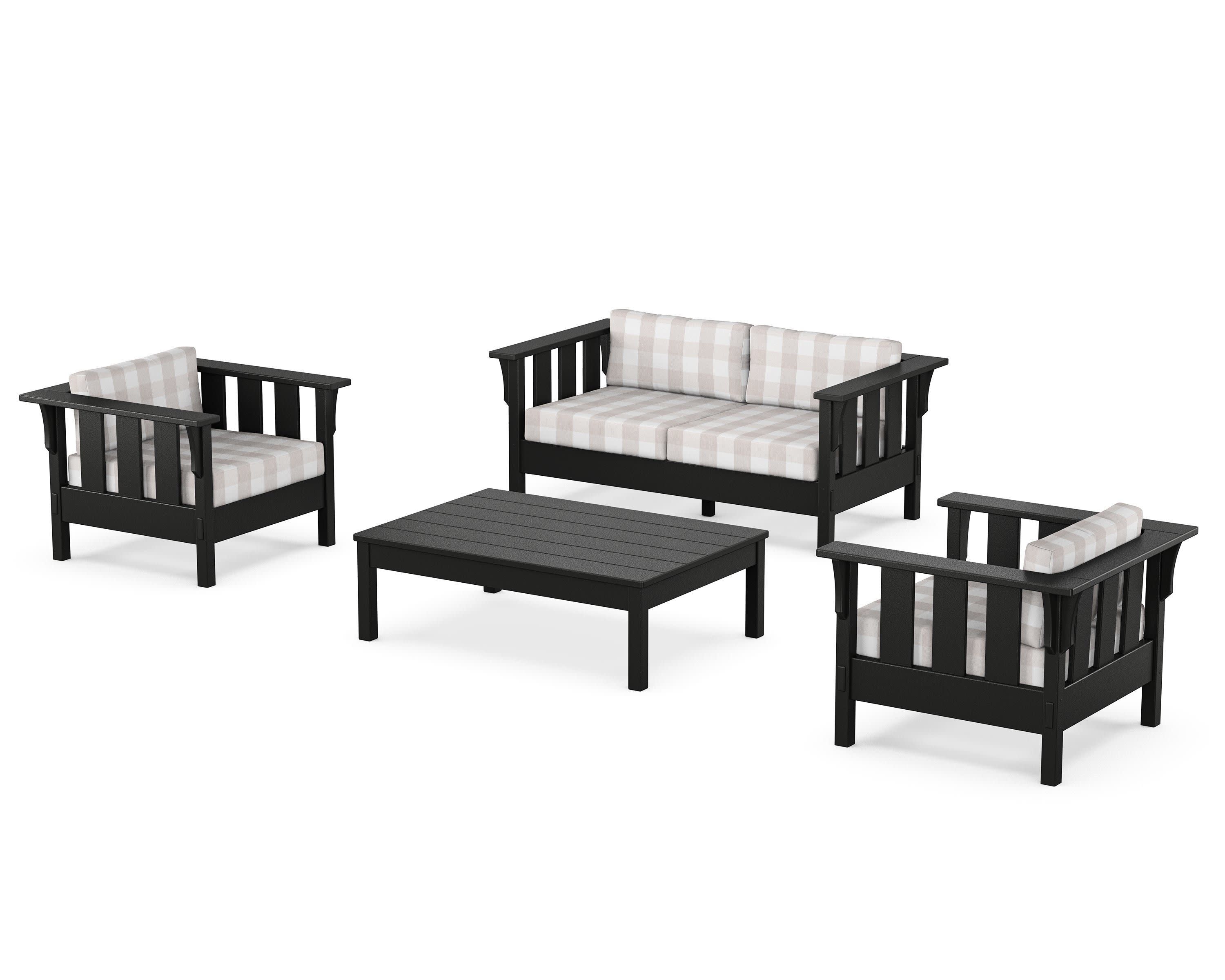 Acadia 4-Piece Deep Seating Set with Loveseat in Black / Buffalo Plaid Dune Burlap