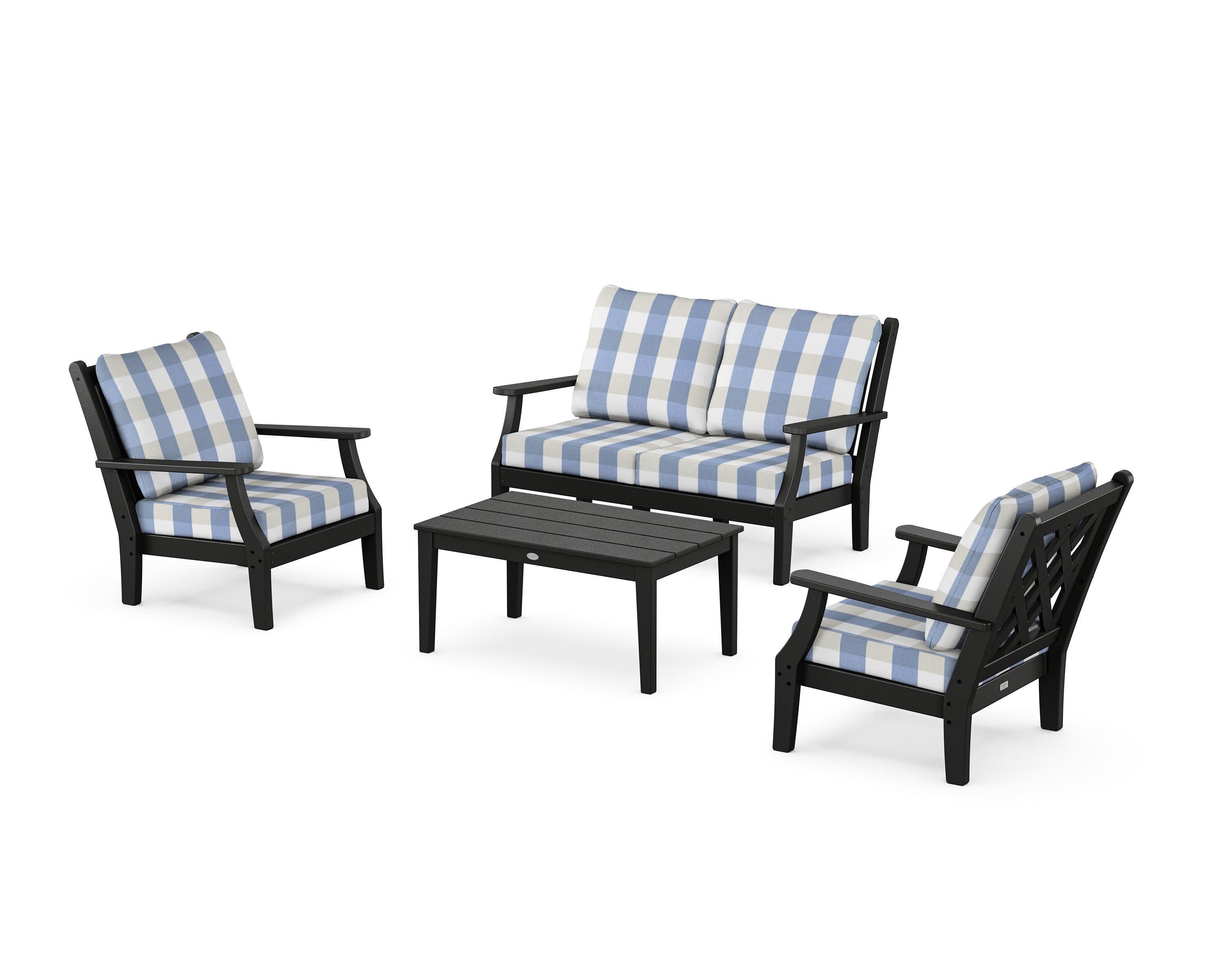 Wovendale 4-Piece Deep Seating Set with Loveseat in Black / Buffalo Plaid Sky Blue