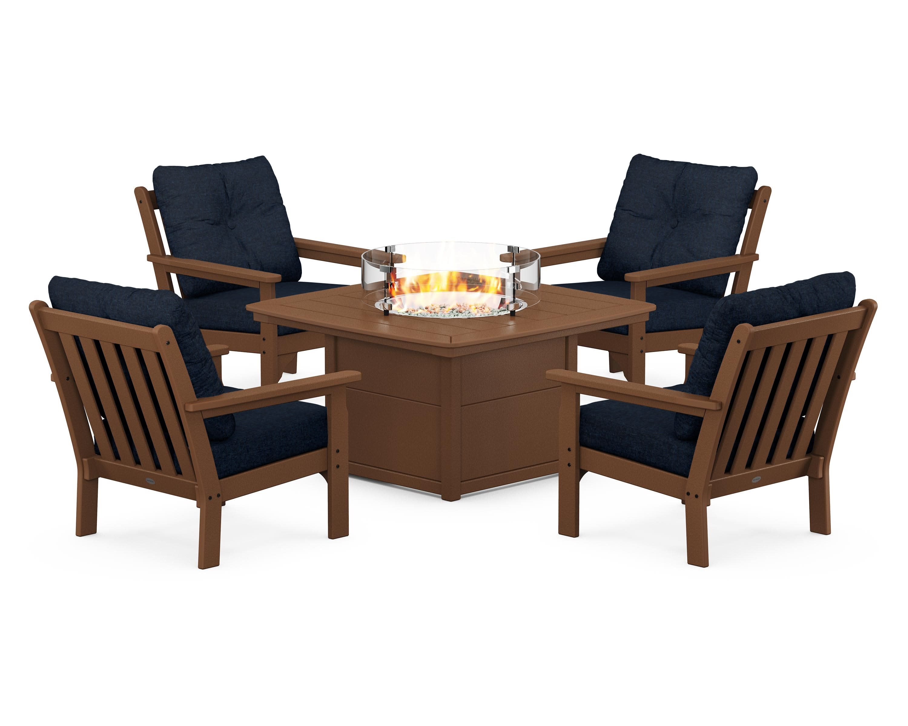 Vineyard 5-Piece Conversation Set with Fire Pit Table in Teak / Marine Indigo