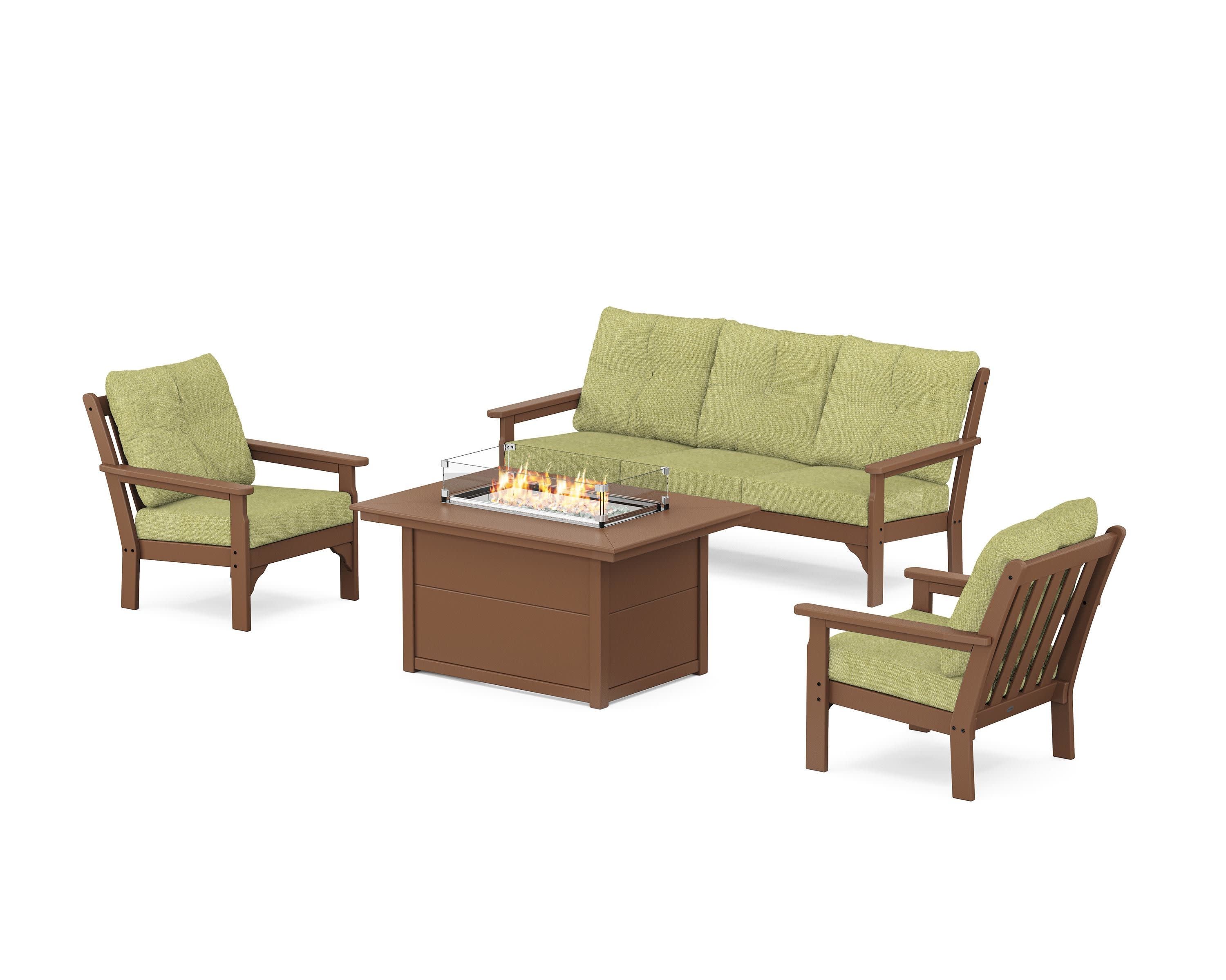 Vineyard Deep Seating Fire Pit Table Set in Teak / Chartreuse Boucle