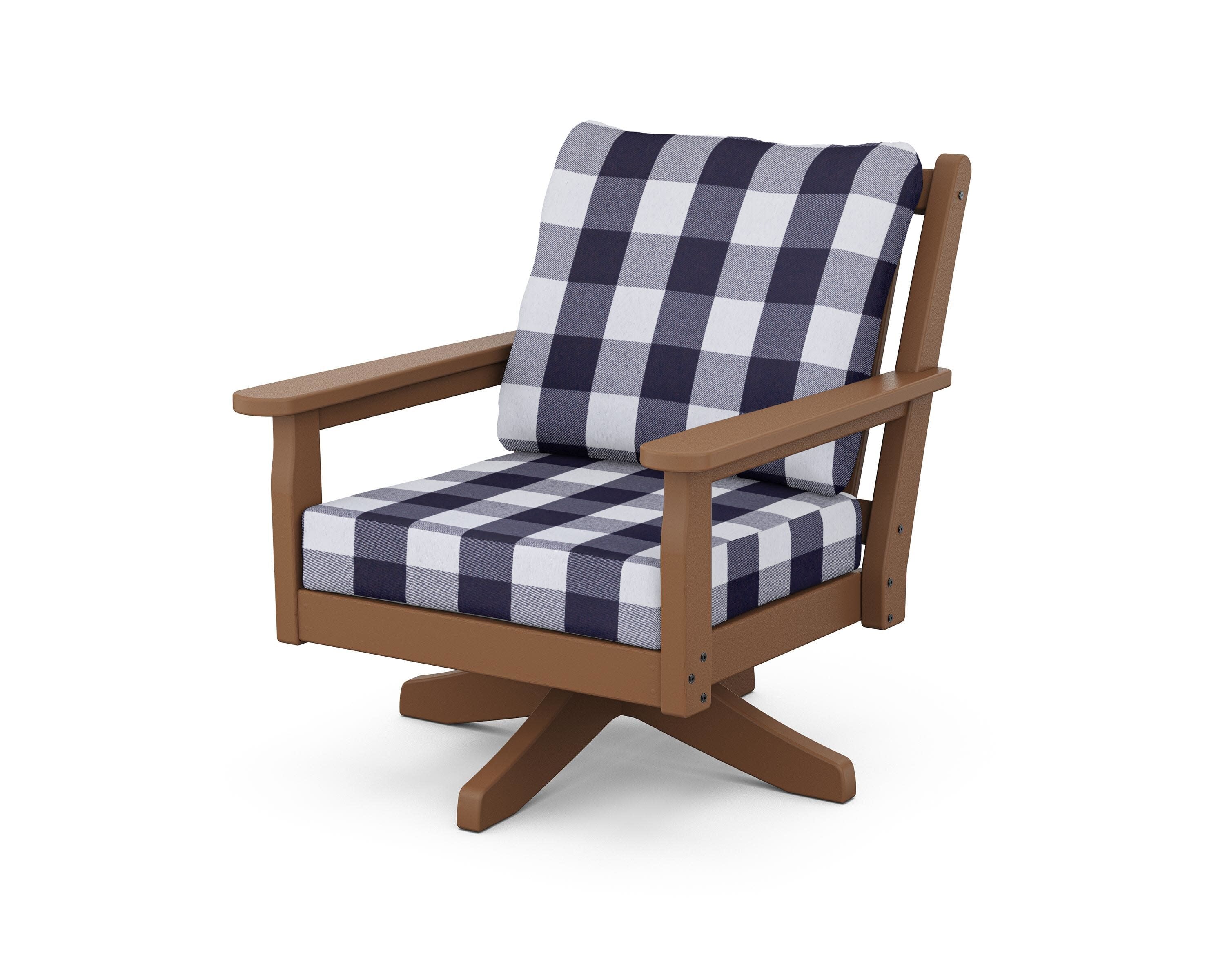 Chippendale Deep Seating Swivel Chair in Teak / Buffalo Plaid Navy