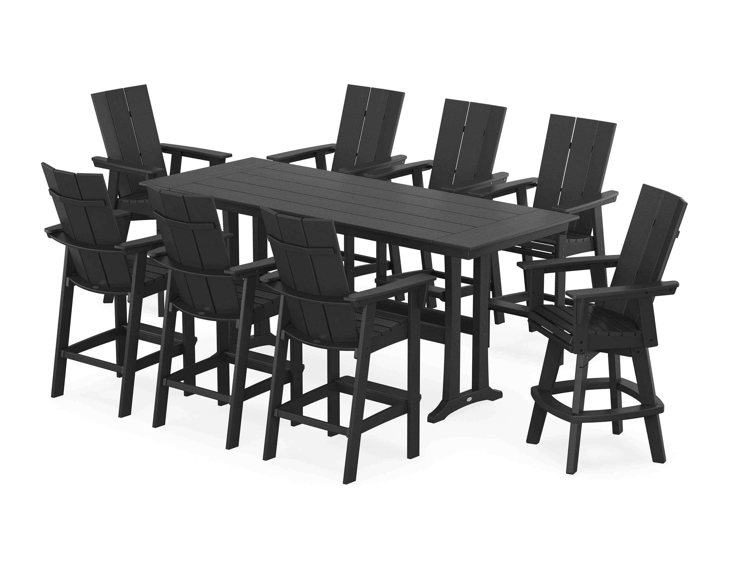 Modern Curveback Adirondack Swivel 9-Piece Farmhouse Bar Set with Trestle Legs in Black