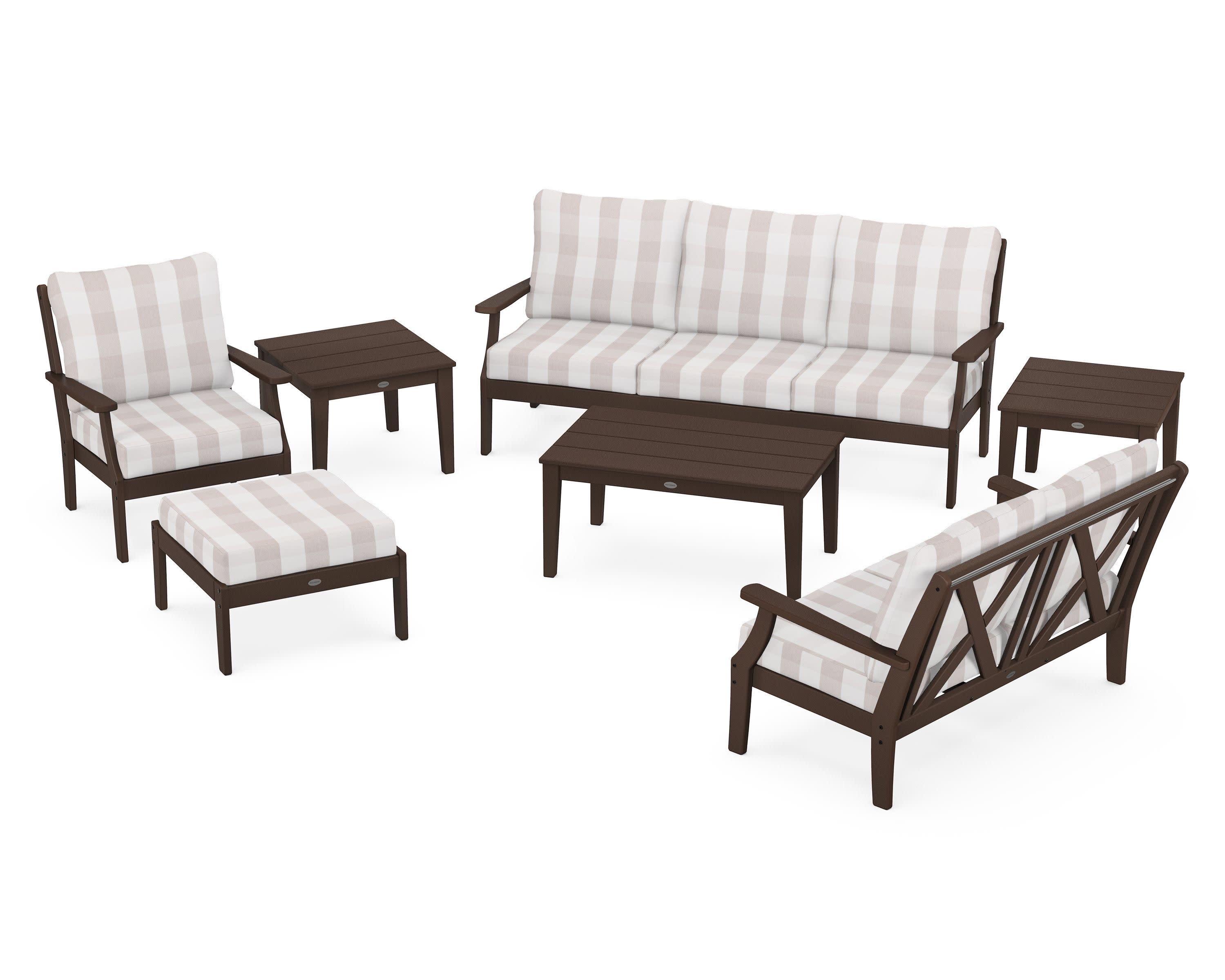 Braxton 7-Piece Deep Seating Set in Mahogany / Buffalo Plaid Dune Burlap