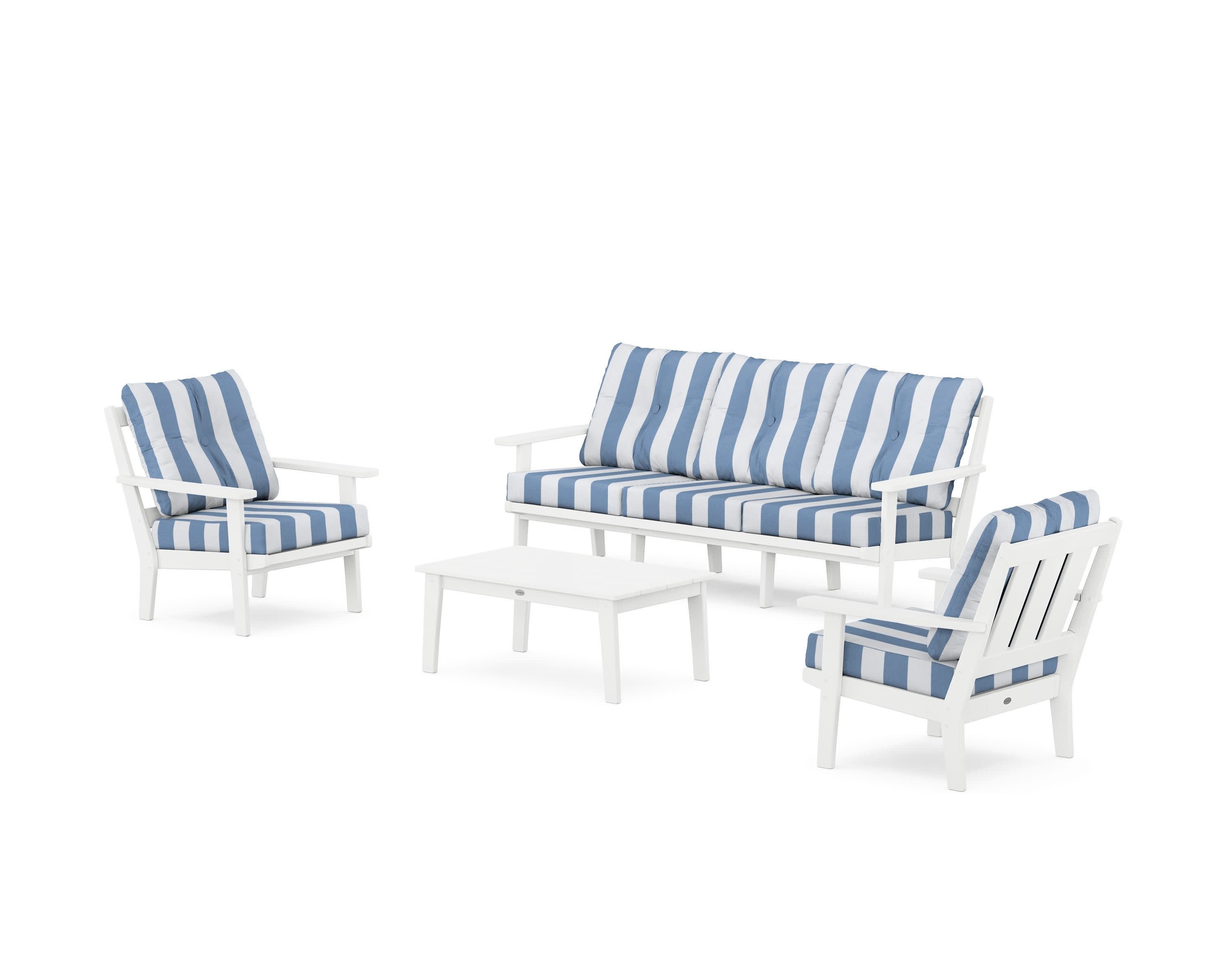 Oxford 4-Piece Deep Seating Set with Sofa in White / Cabana Stripe Sky Blue