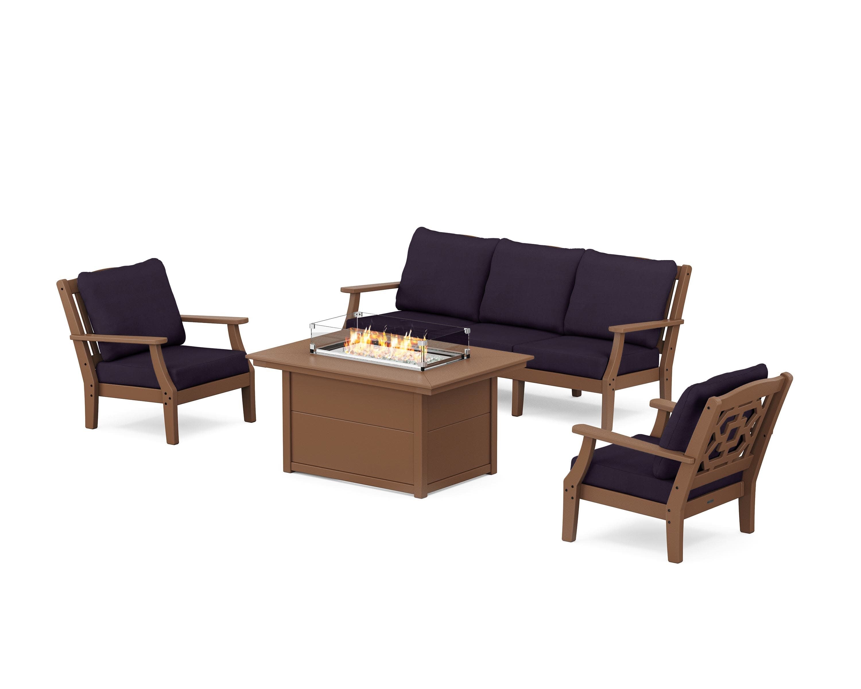 Chinoiserie Deep Seating Fire Pit Table Set in Teak / Navy Linen