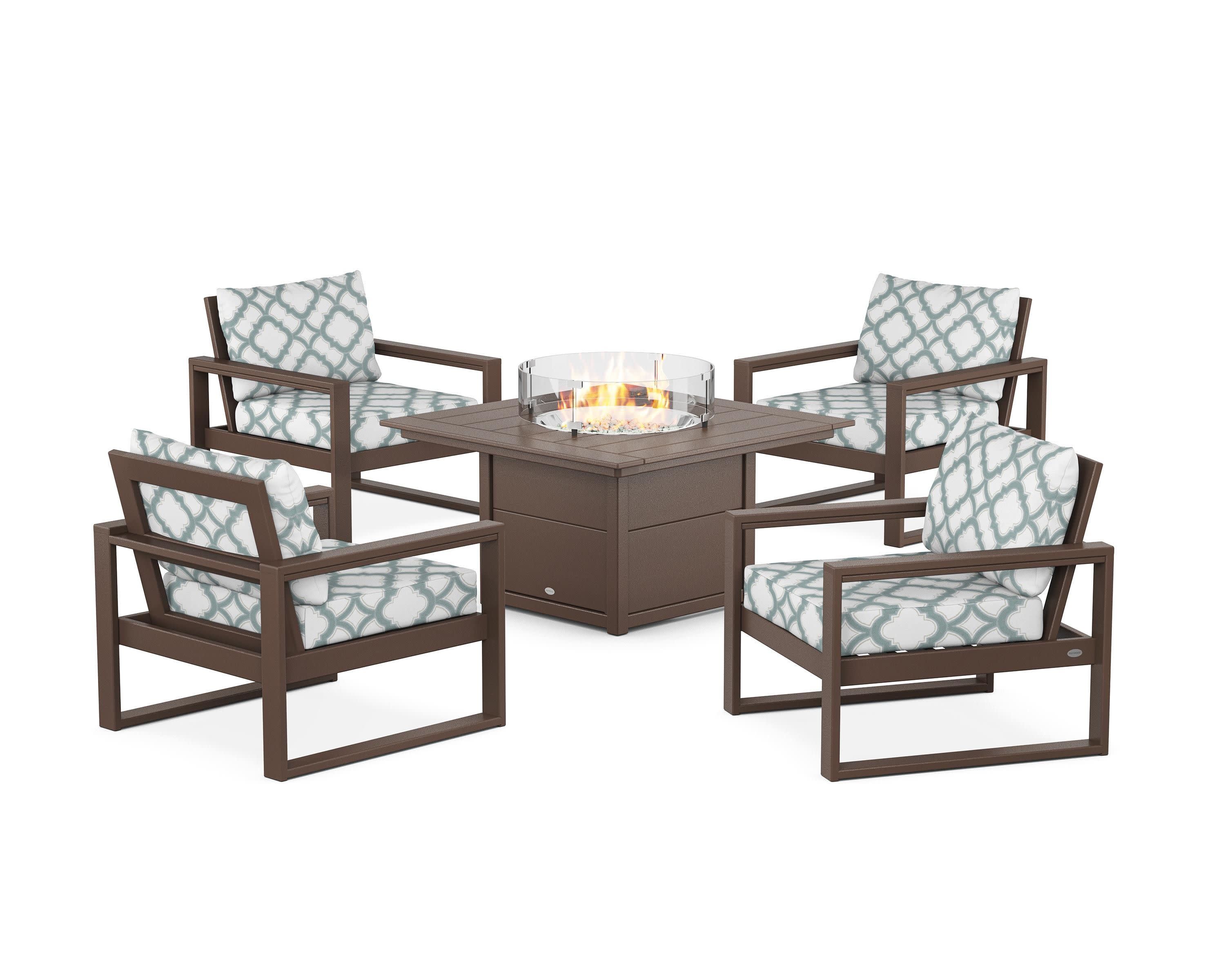 EDGE Sectional 5-Piece Deep Seating Set with Fire Pit Table in Mahogany / Trellis Glacier Spa