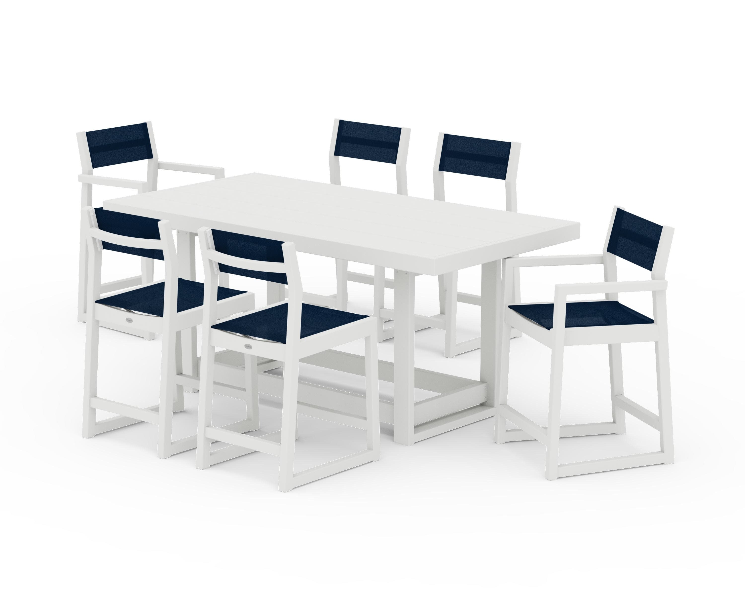 EDGE Sling 7-Piece Counter Table Set in Vintage White / Navy Blue Sling