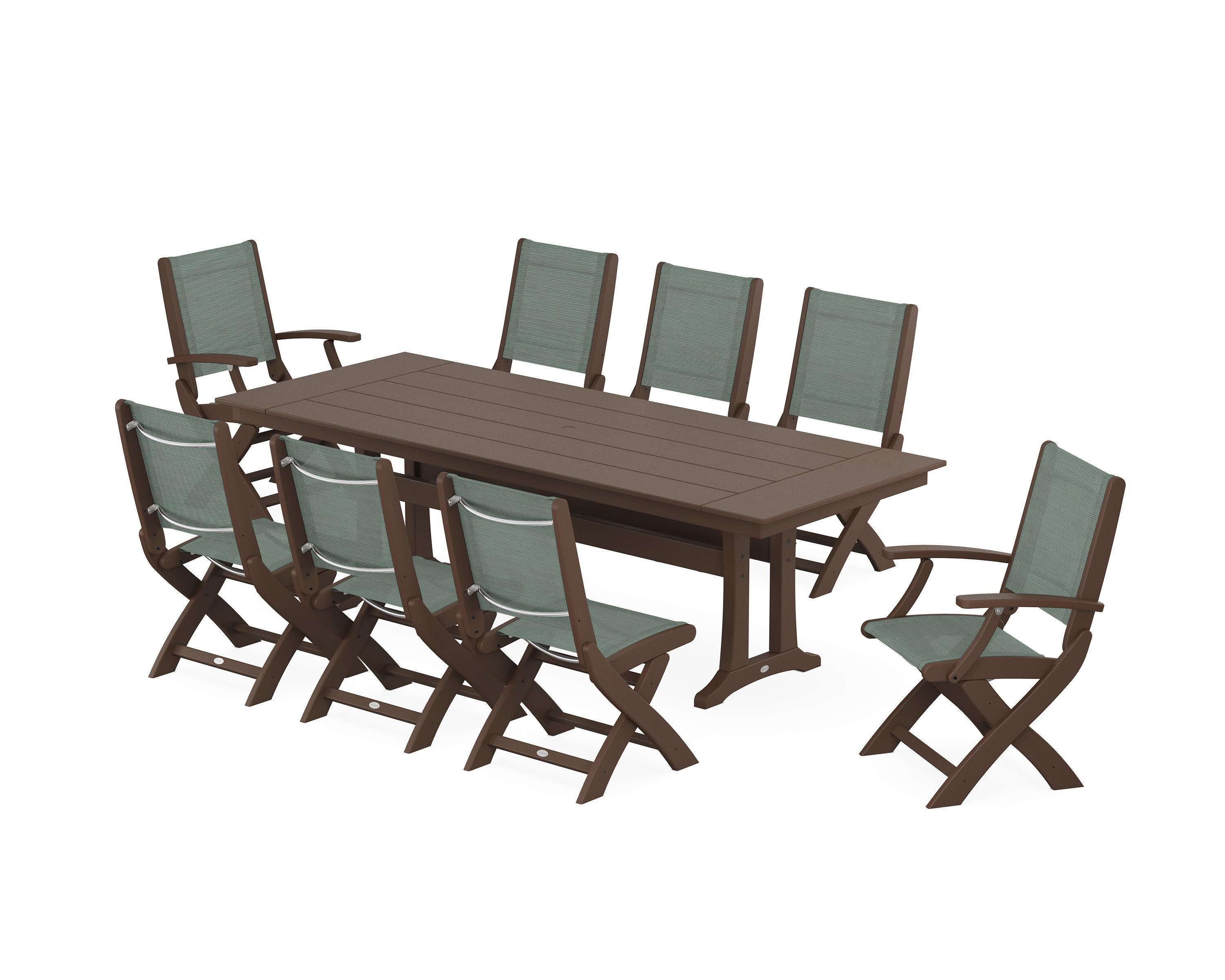 Coastal 9-Piece Folding Dining Chair Farmhouse Dining Set with Trestle Legs in Mahogany / Dupioni Sea Mist Sling