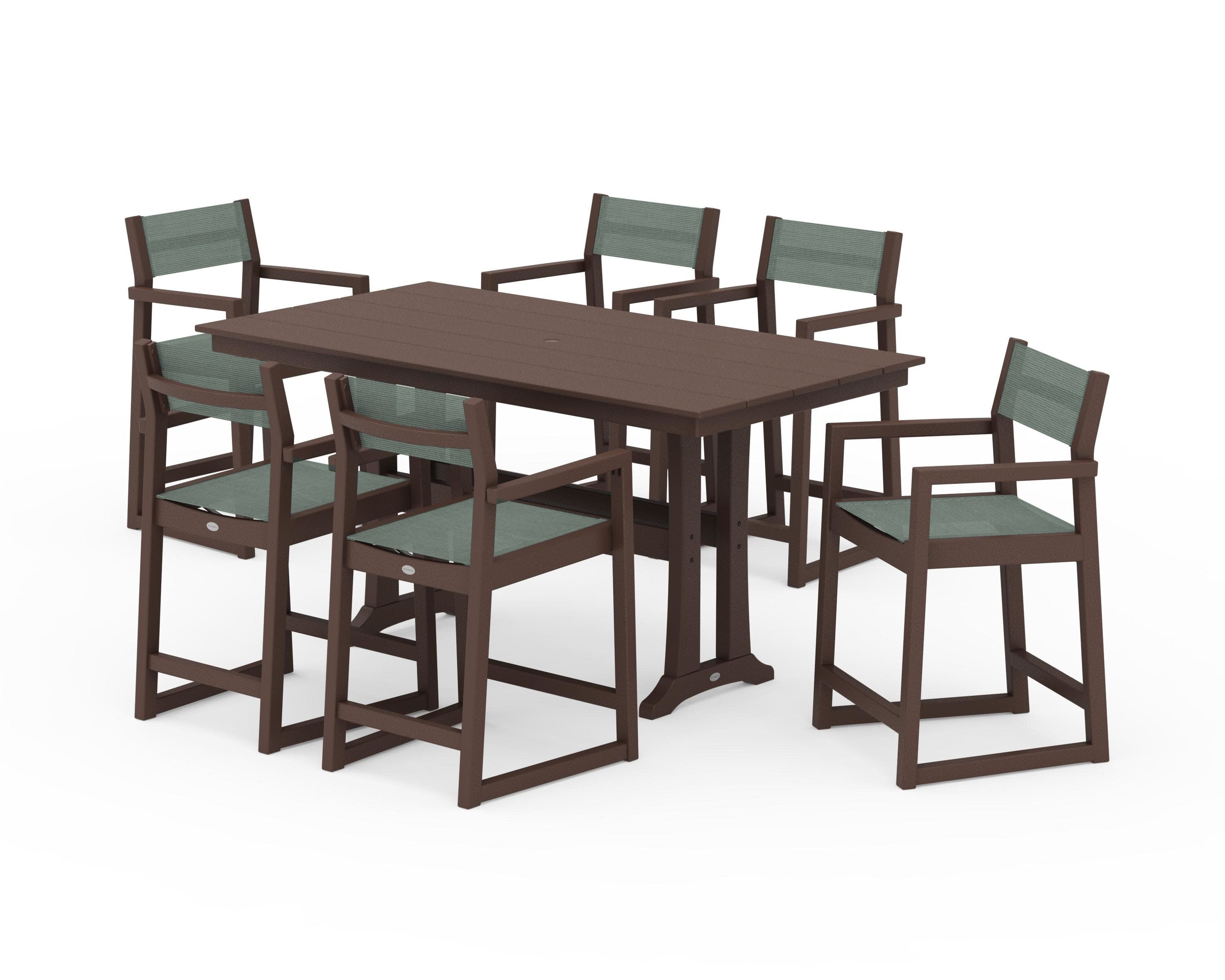 EDGE Sling Arm Chair 7-Piece Farmhouse Counter Set with Trestle Legs in Mahogany / Dupioni Sea Mist Sling
