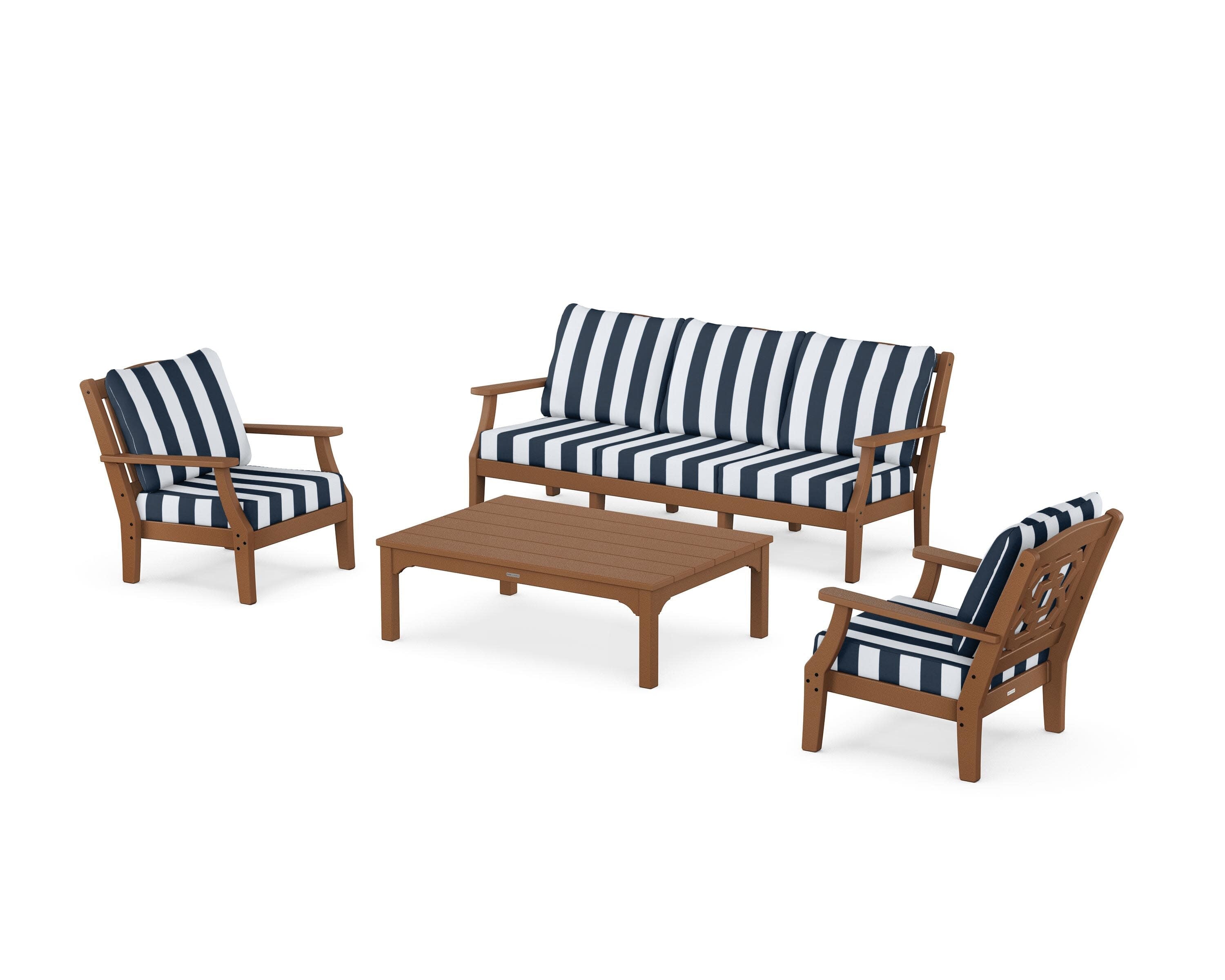 Chinoiserie 4-Piece Deep Seating Set with Sofa in Teak / Cabana Stripe Marine Indigo