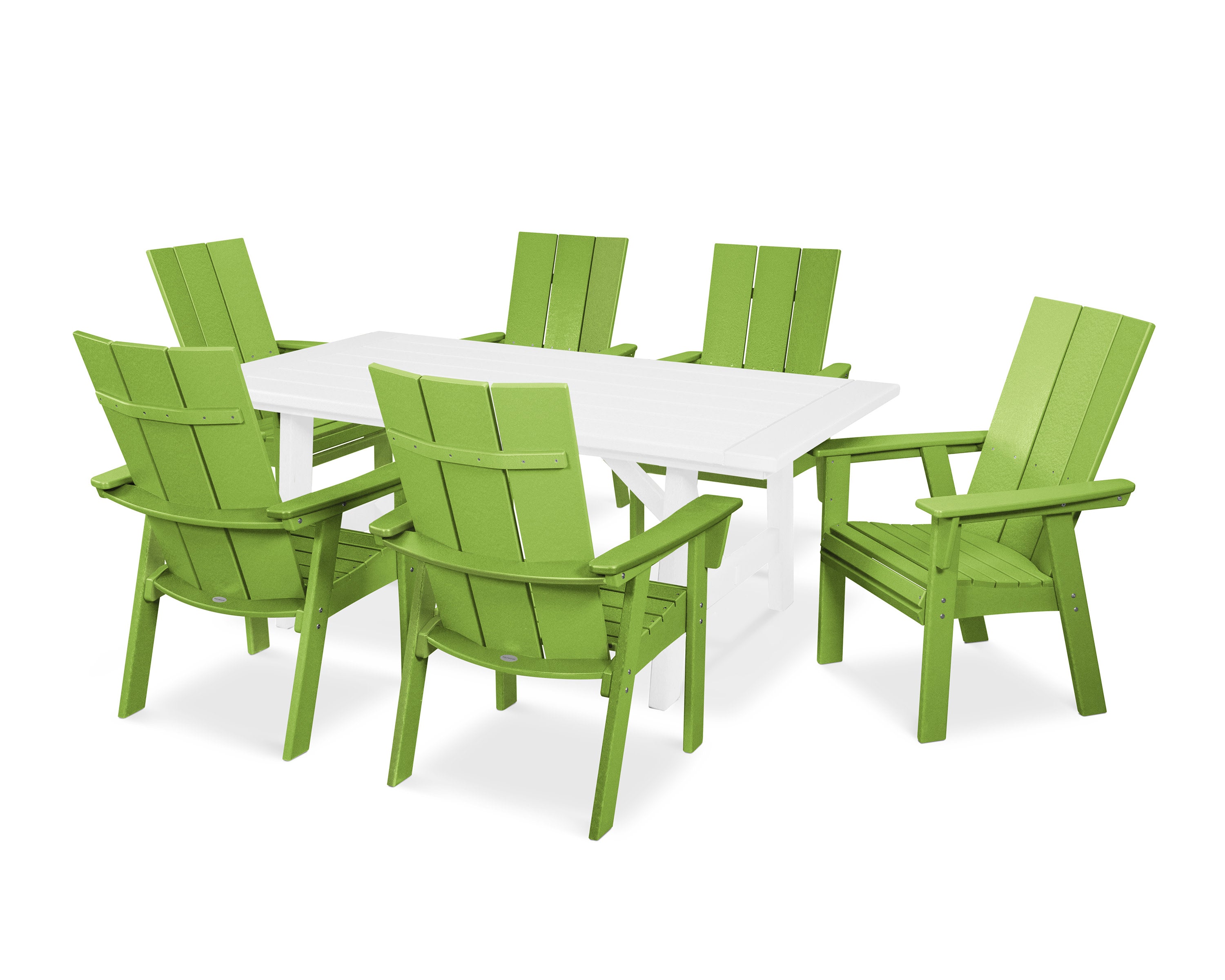 Modern Curveback Adirondack 7-Piece Rustic Farmhouse Dining Set in Lime / White