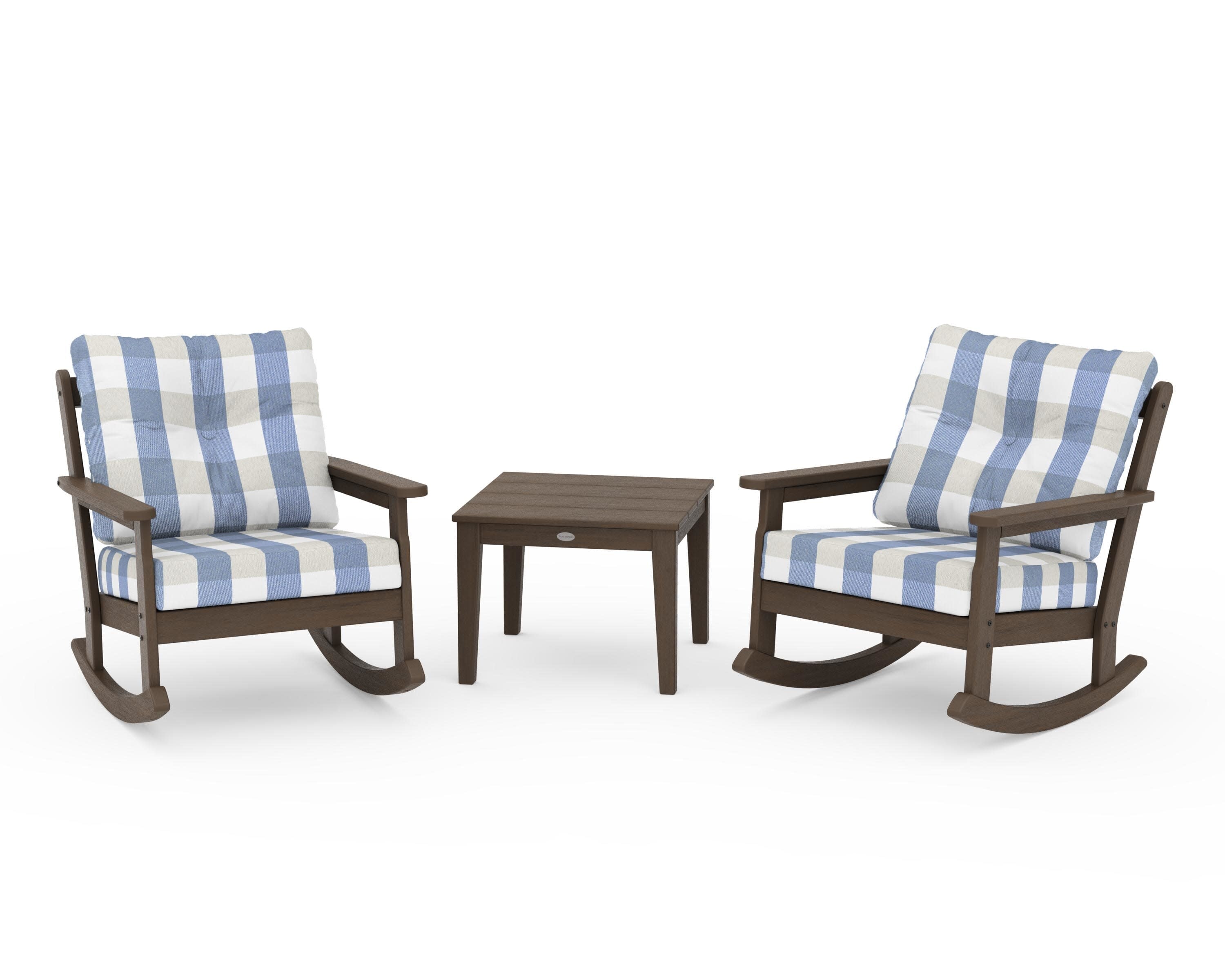 Vineyard 3-Piece Deep Seating Rocker Set in Kona / Buffalo Plaid Sky Blue