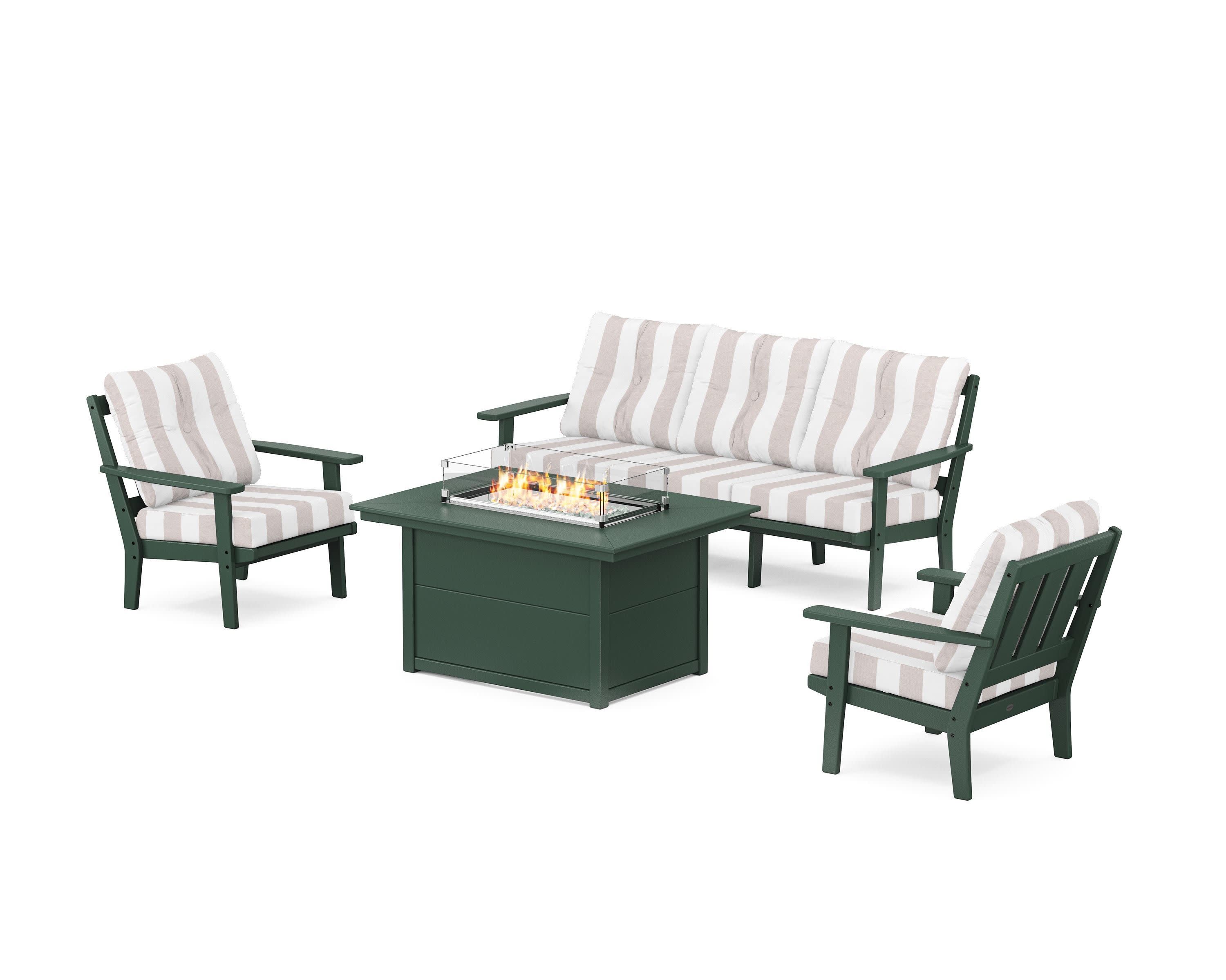 Oxford Deep Seating Fire Pit Table Set in Green / Cabana Stripe Dune Burlap
