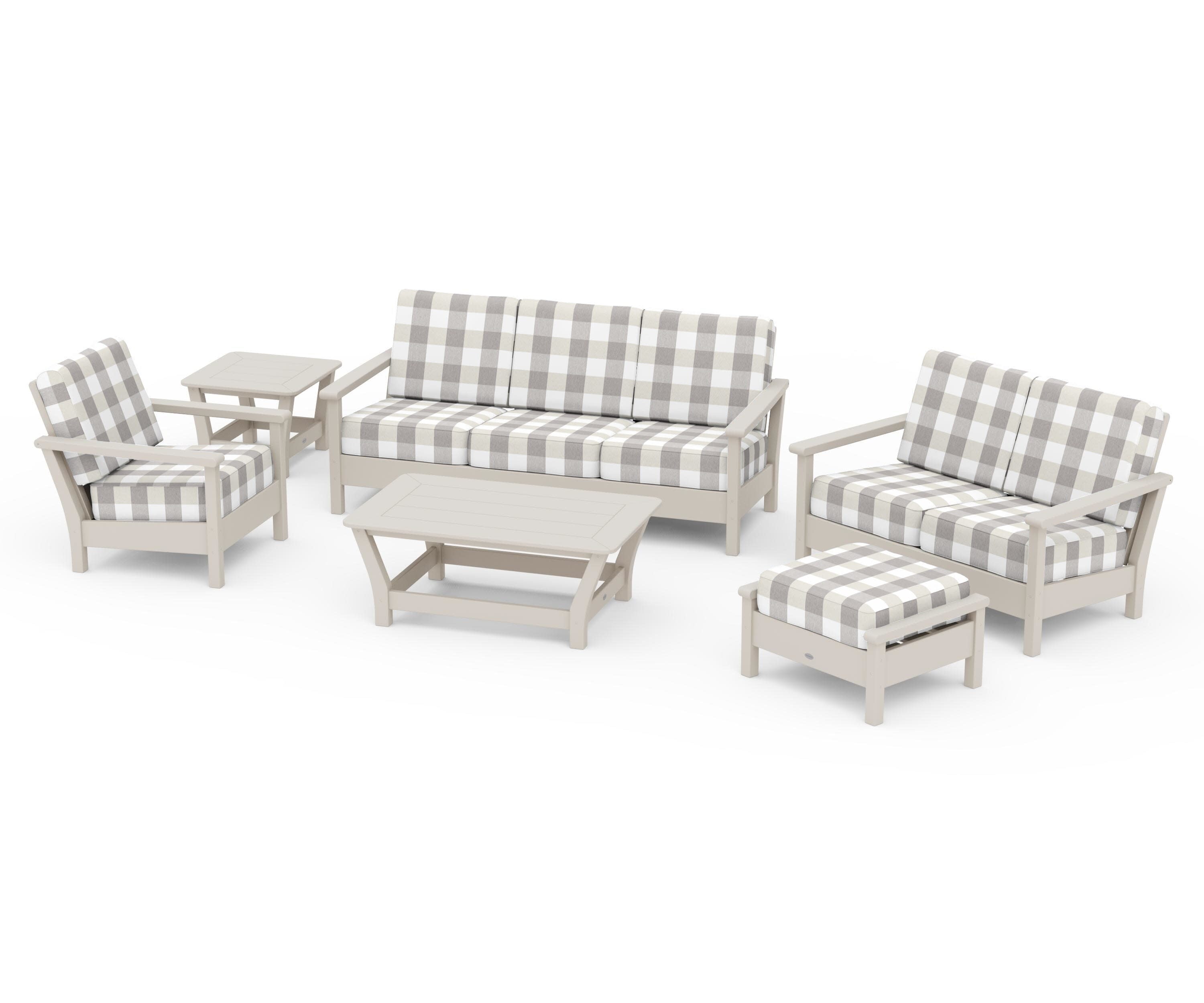 Harbour 6-Piece Outdoor Living Set in Sand / Buffalo Plaid Grey Mist