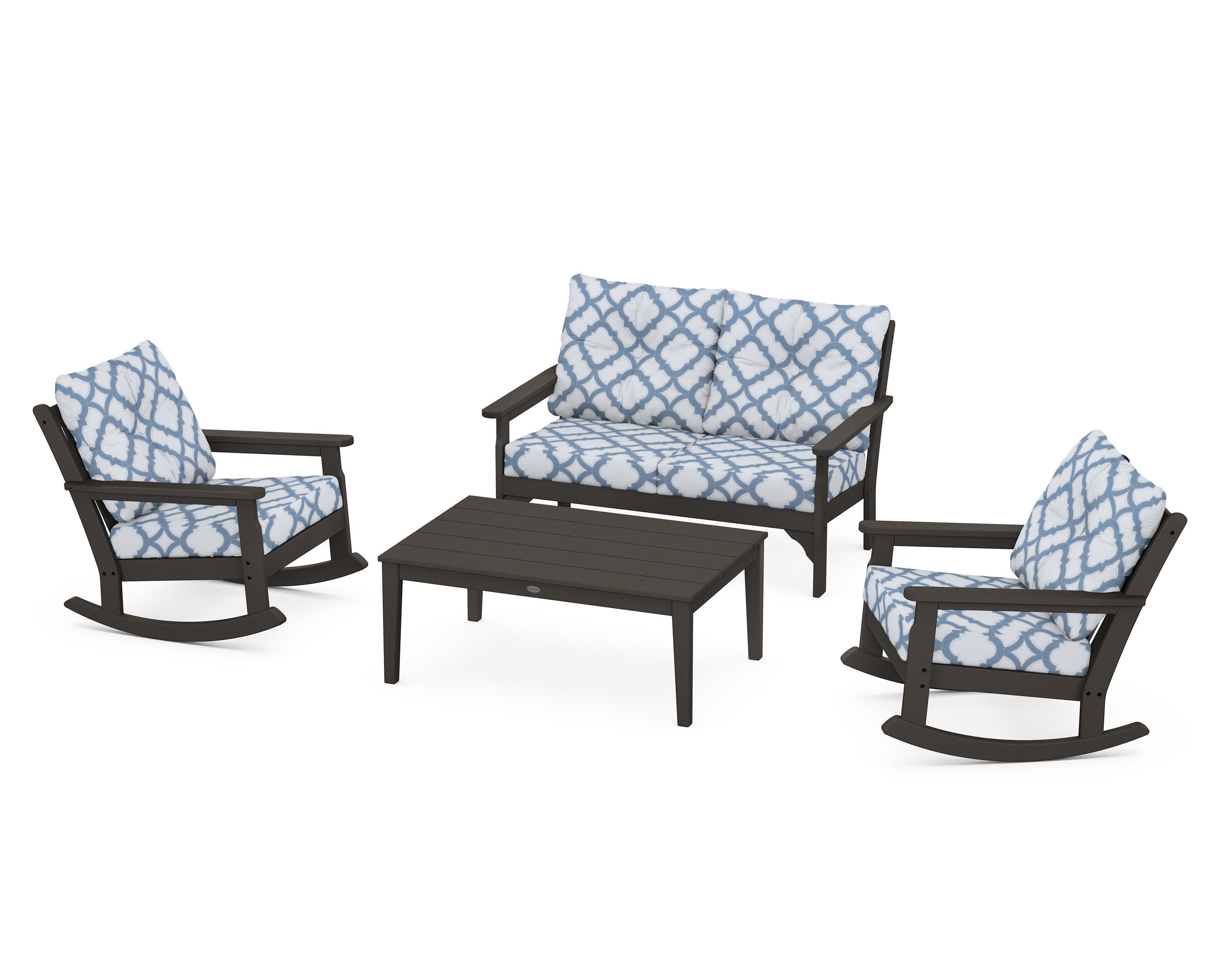 Vineyard 4-Piece Deep Seating Rocking Chair Set in Vintage Coffee / Trellis Sky Blue