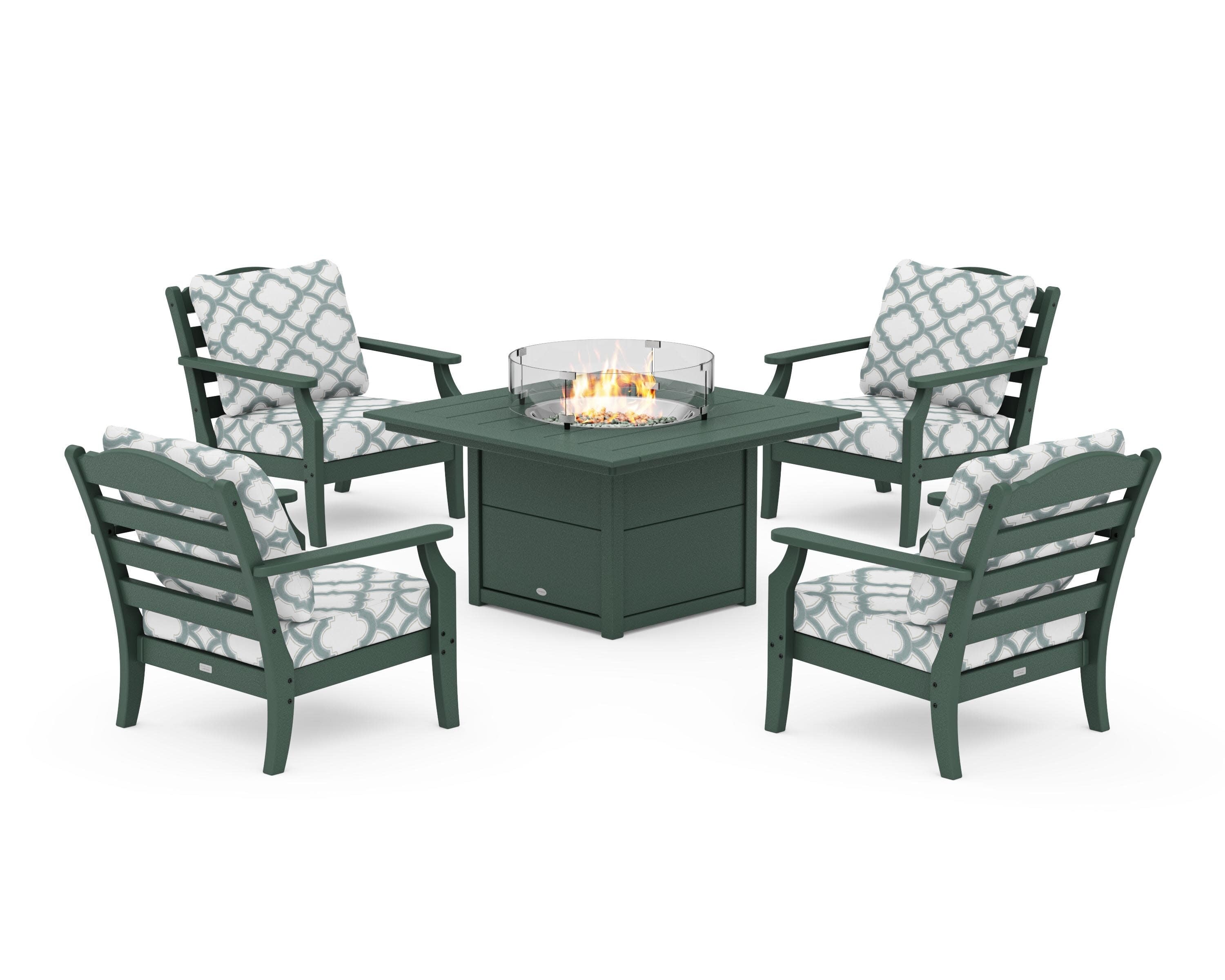 Savannah 5-Piece Deep Seating Set with Fire Pit Table in Green / Trellis Glacier Spa