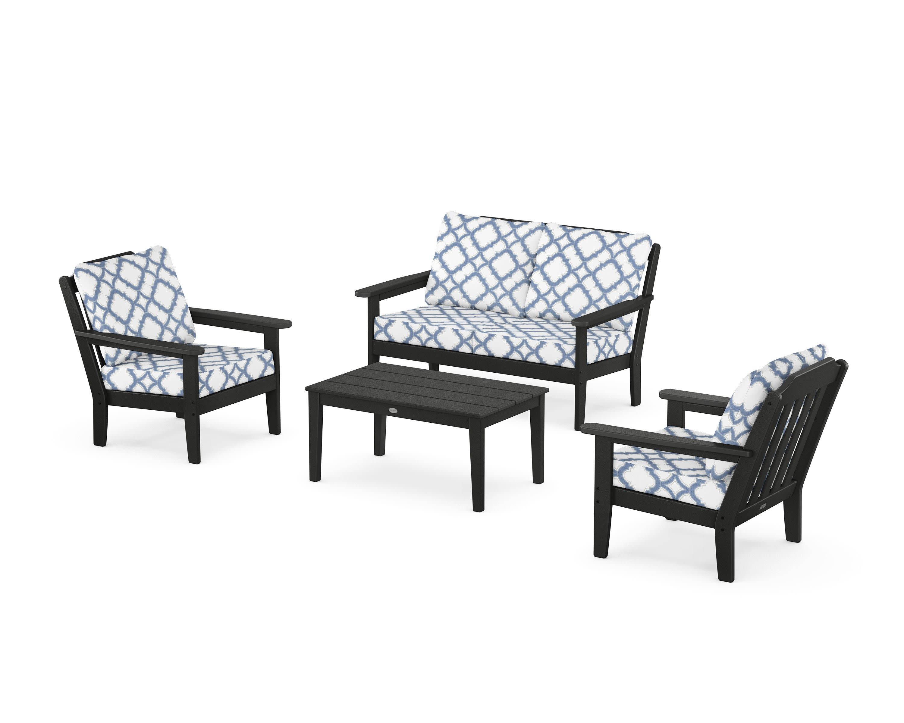 Cottage 4-Piece Deep Seating Set with Loveseat in Black / Trellis Sky Blue