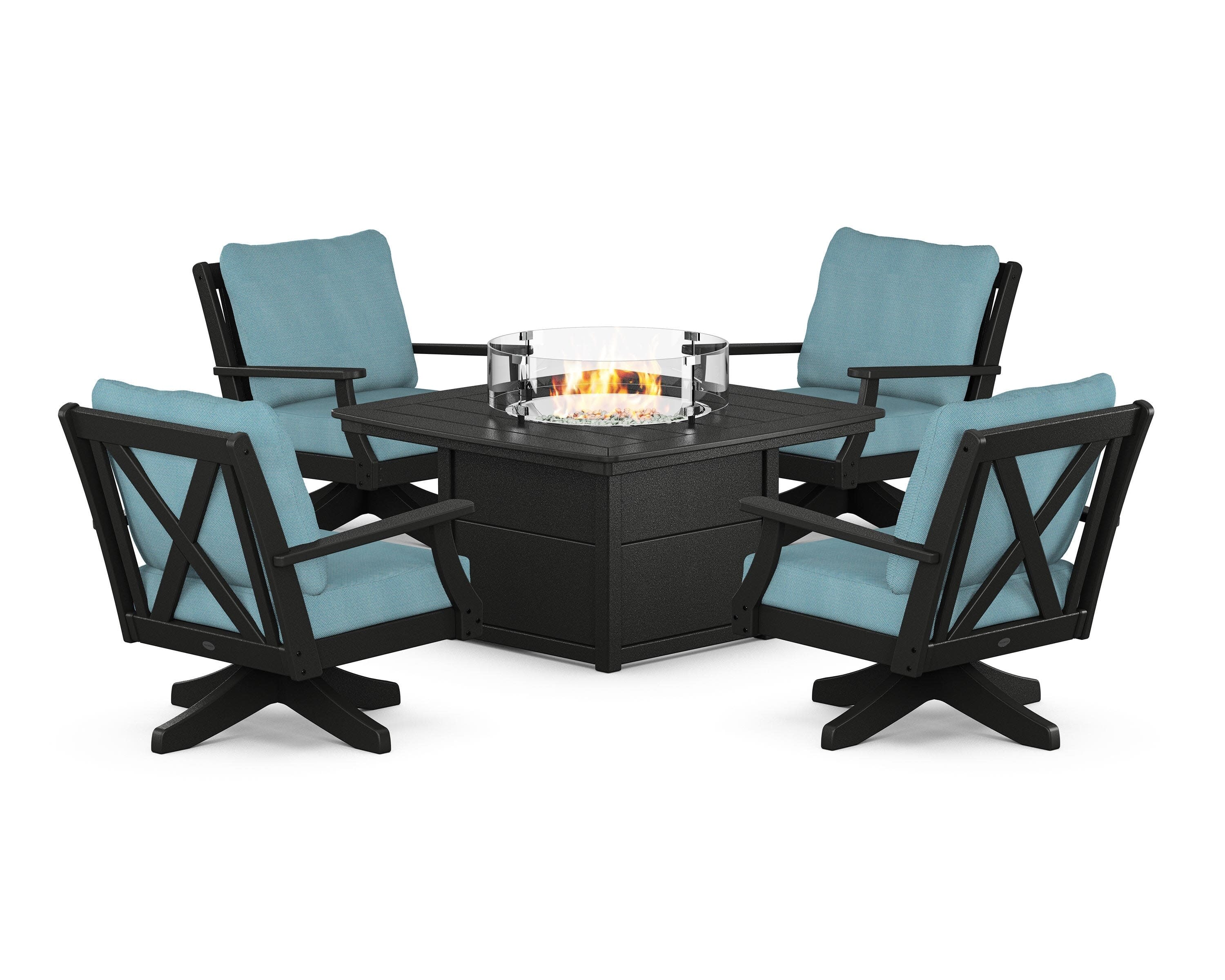 Braxton 5-Piece Deep Seating Swivel Conversation Set with Fire Pit Table in Black / Lattice Sky Blue