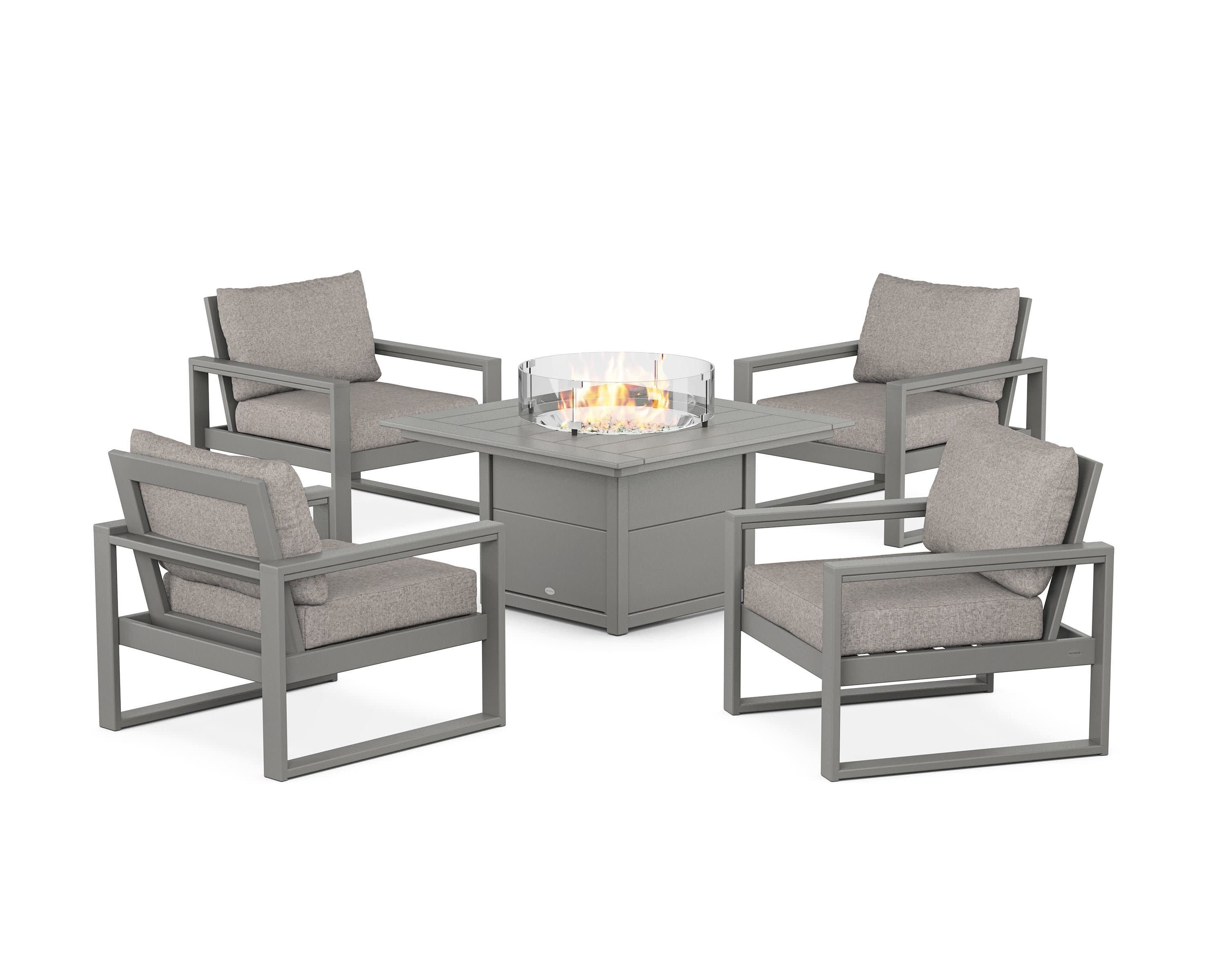 EDGE Sectional 5-Piece Deep Seating Set with Fire Pit Table in Slate Grey / Weathered Tweed