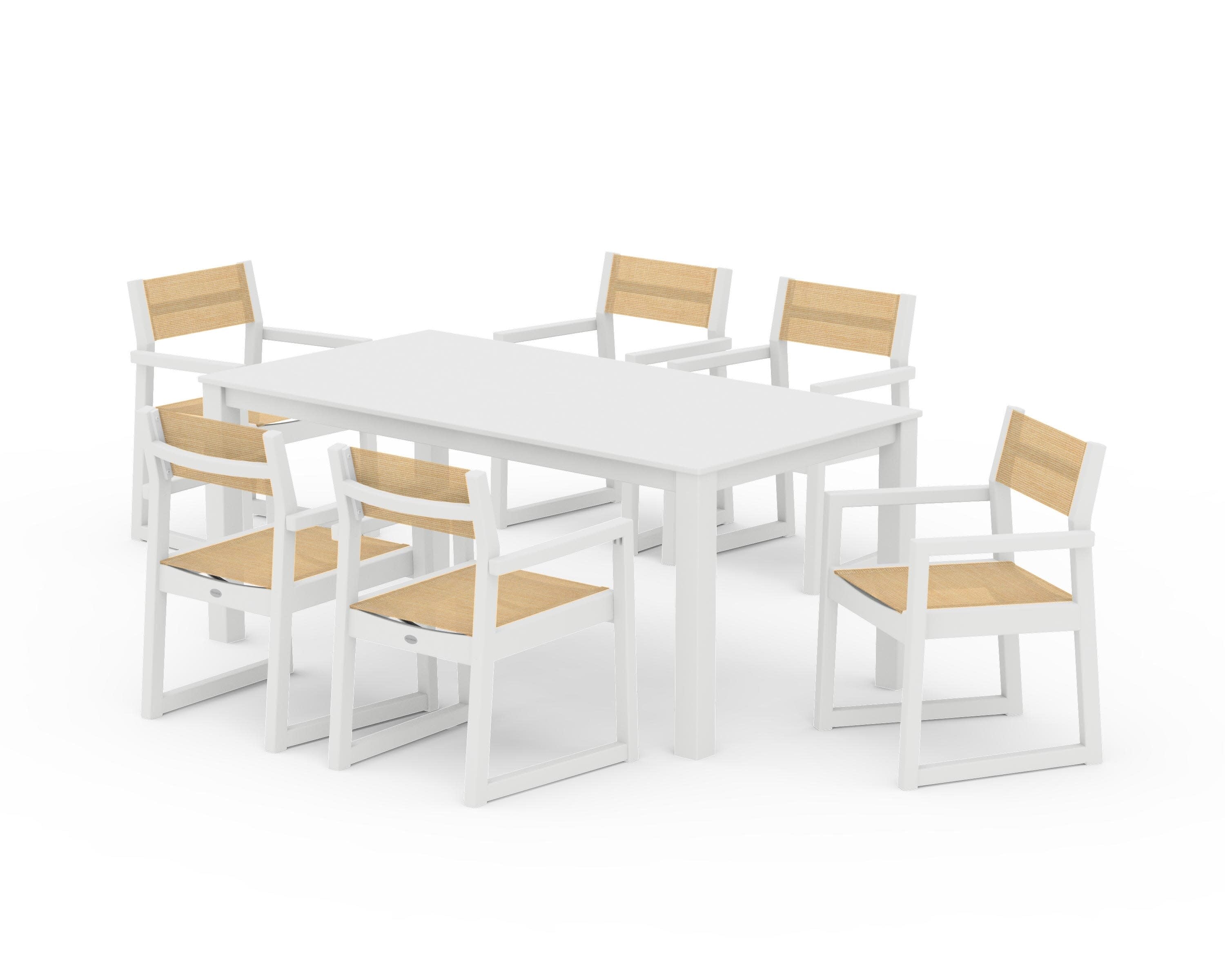 EDGE Sling Arm Chair 7-Piece Parsons Dining Set in White / Dupioni Apricot Sling
