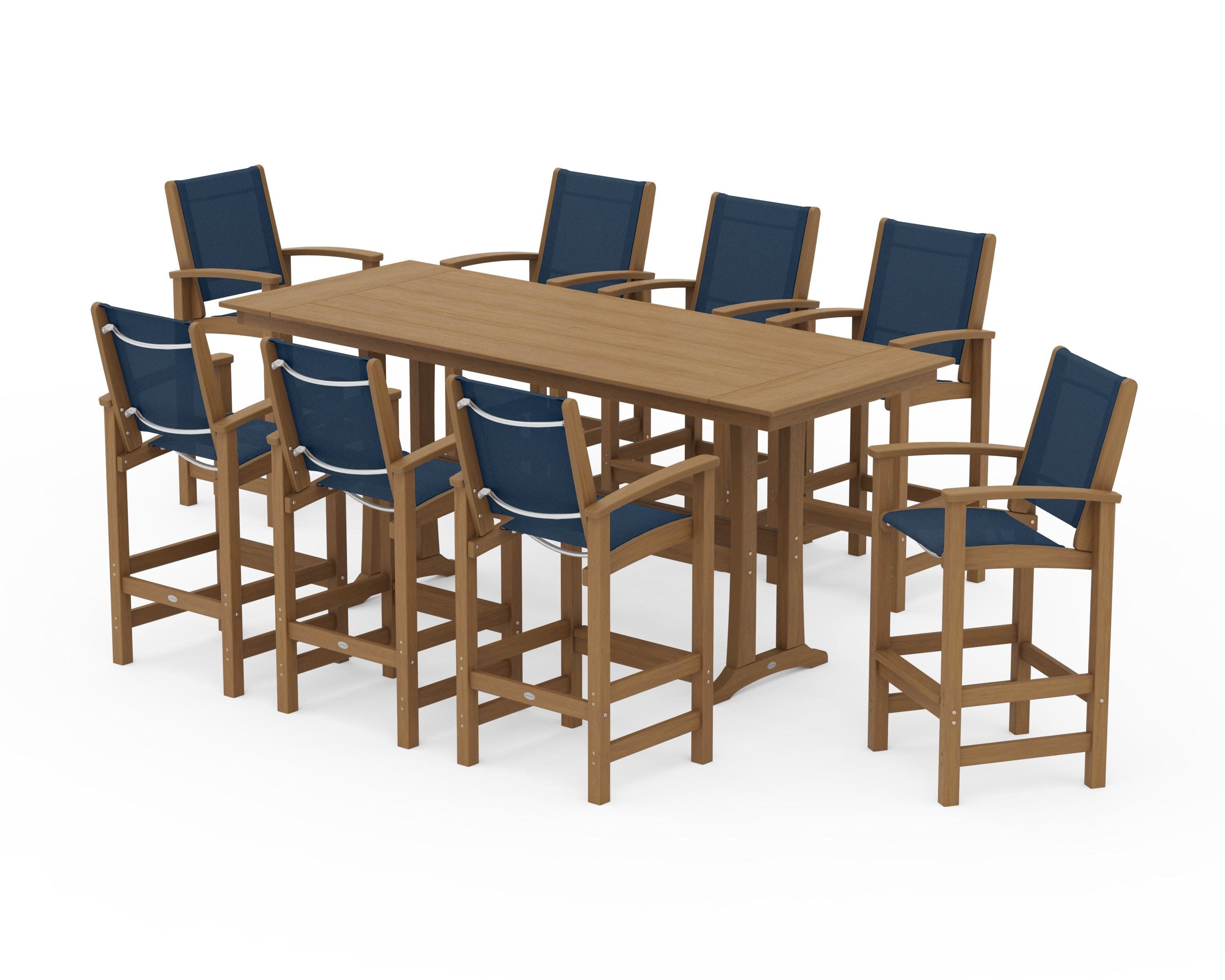 Coastal 9-Piece Farmhouse Bar Set with Trestle Legs in Natural / Navy Blue Sling