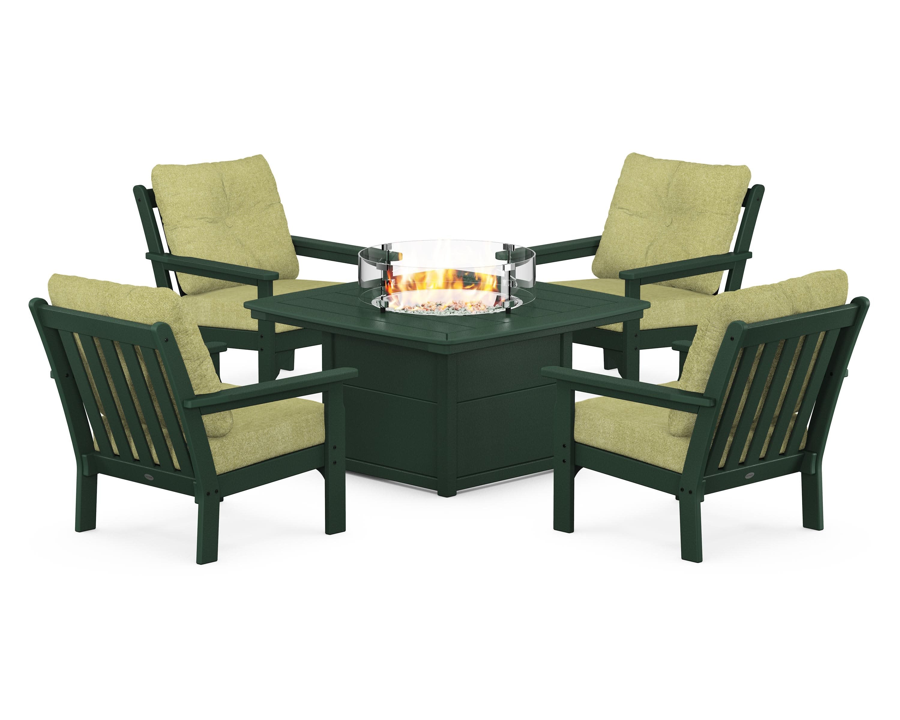 Vineyard 5-Piece Conversation Set with Fire Pit Table in Green / Chartreuse Boucle