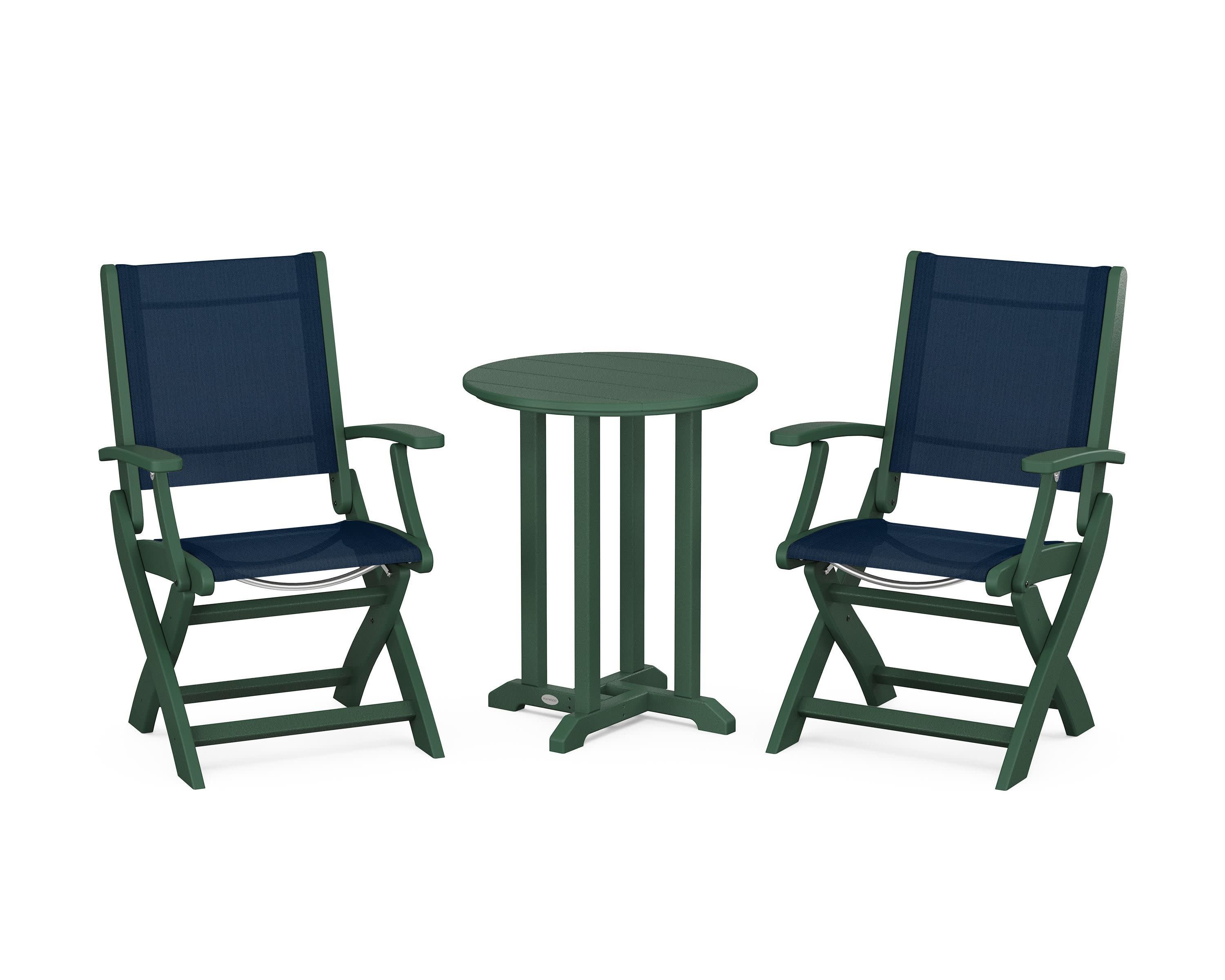 Coastal Folding 3-Piece Round Bistro Dining Set in Green / Navy Blue Sling