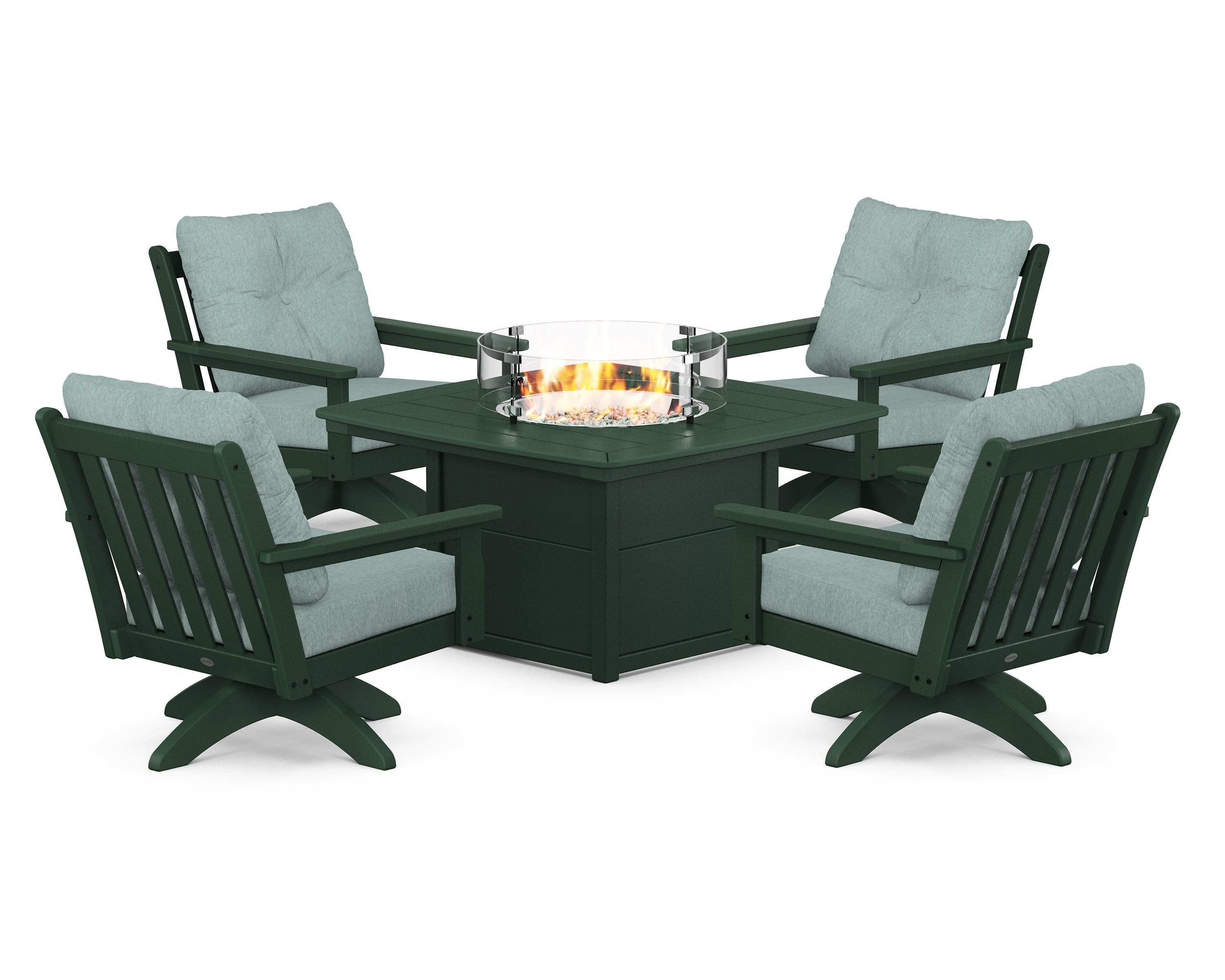 Vineyard 5-Piece Deep Seating Swivel Conversation Set with Fire Pit Table in Green / Glacier Spa