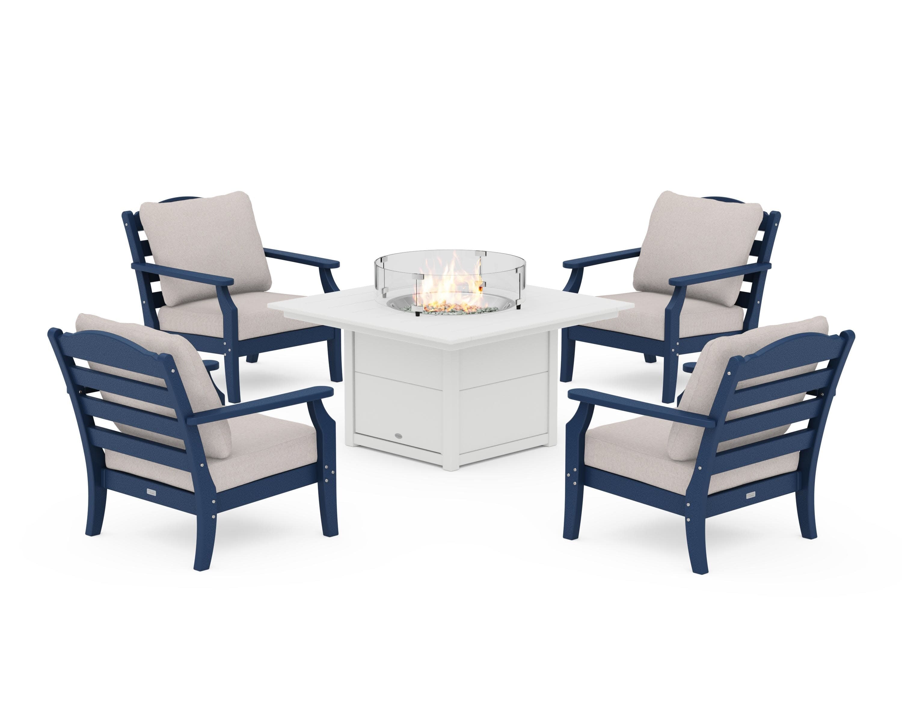 Savannah 5-Piece Deep Seating Set with Fire Pit Table in Navy / Dune Burlap