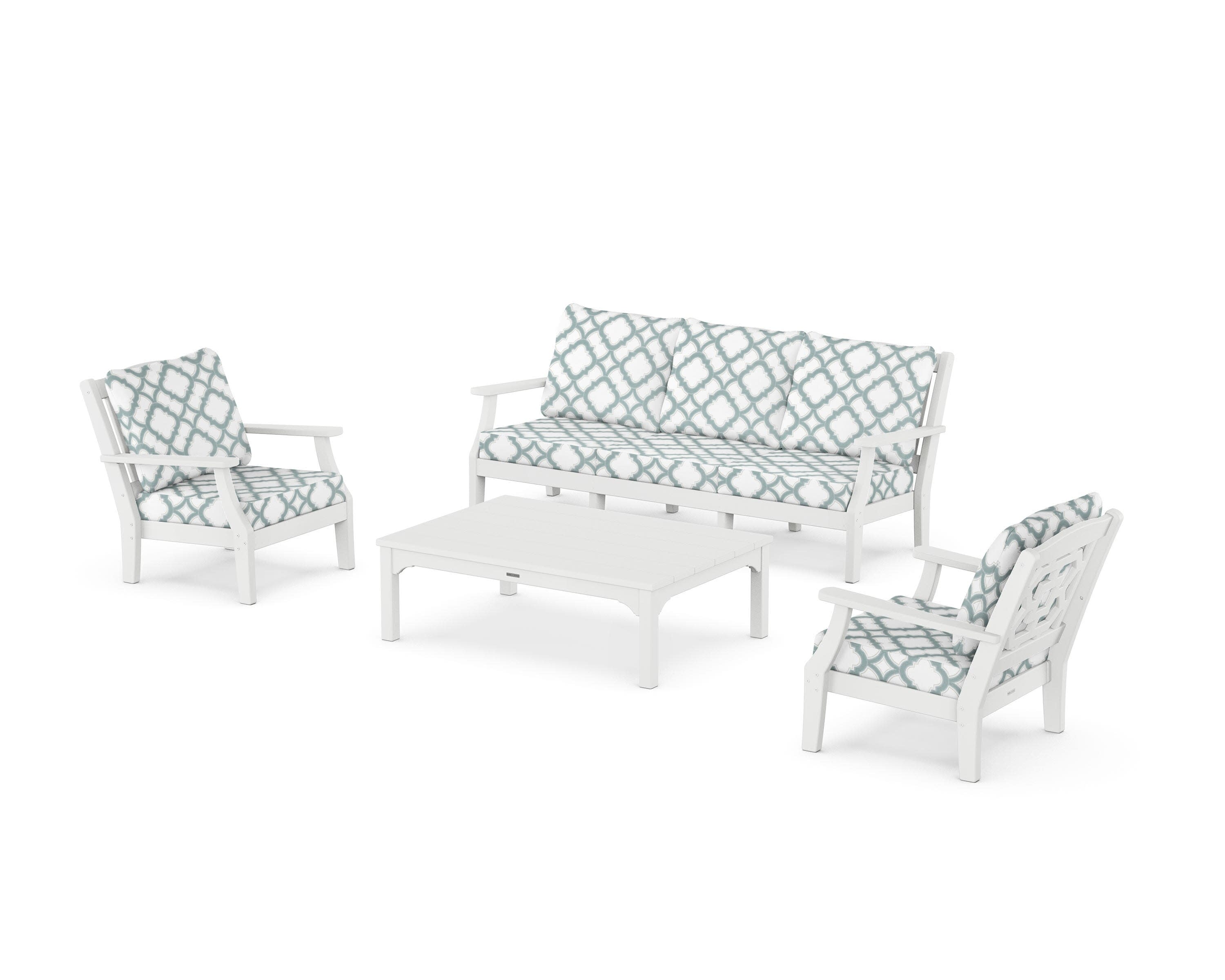 Chinoiserie 4-Piece Deep Seating Set with Sofa in White / Trellis Glacier Spa