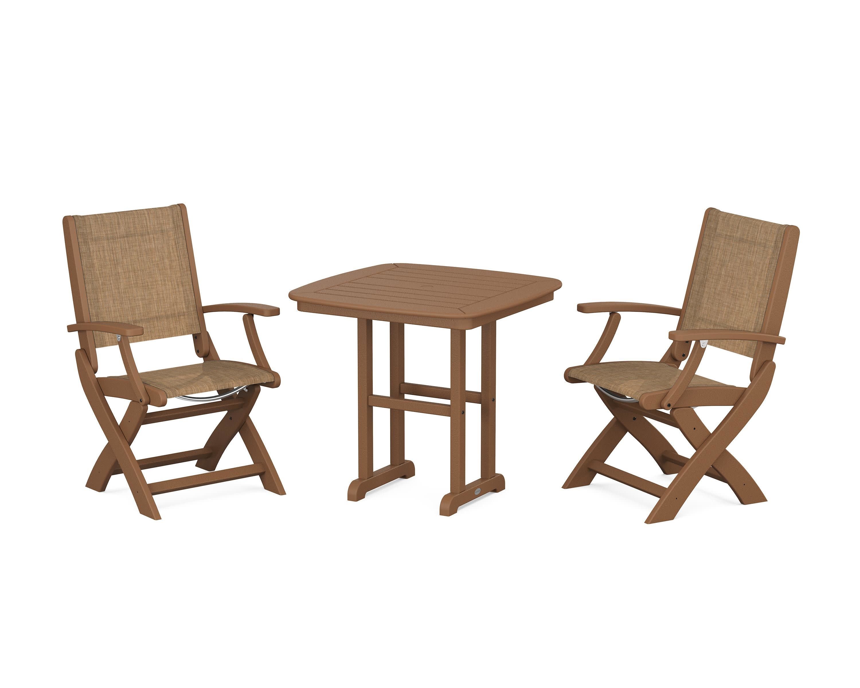 Coastal Folding Chair 3-Piece Dining Set in Teak / Burlap Sling