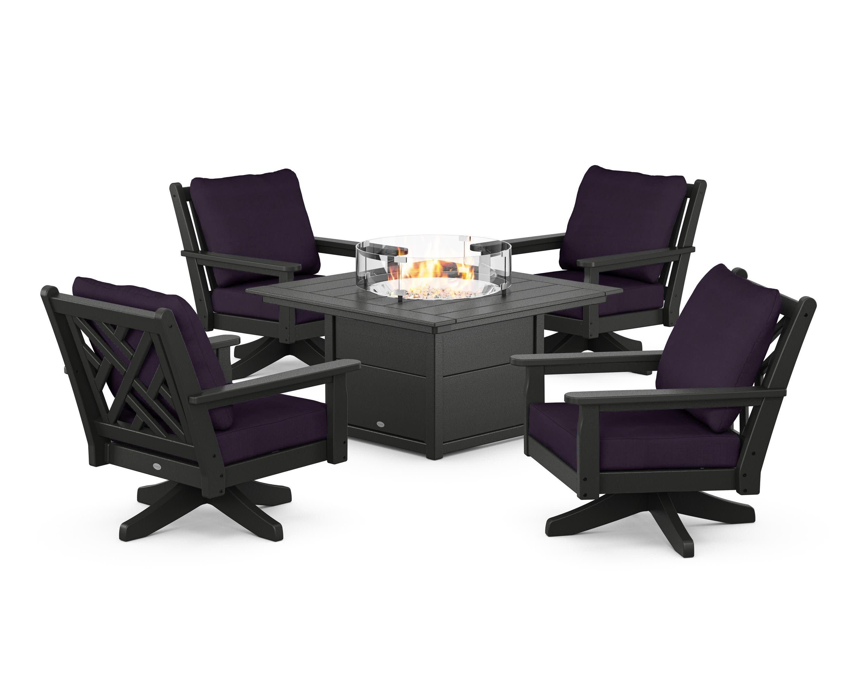 Chippendale 5-Piece Deep Seating Swivel Conversation Set with Fire Pit Table in Black / Navy Linen