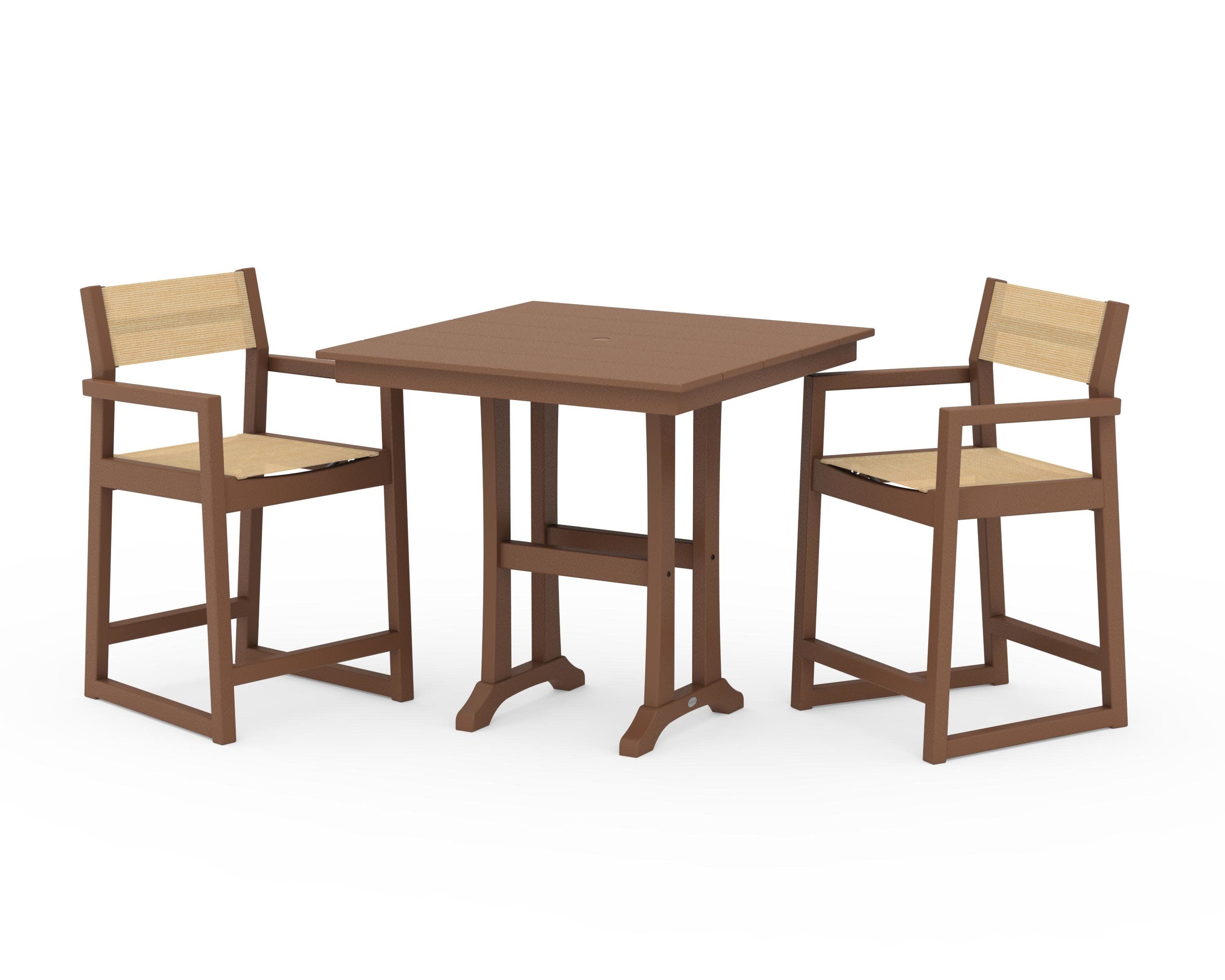 EDGE Sling Arm Chair 3-Piece Farmhouse Counter Set with Trestle Legs in Teak / Dupioni Apricot Sling
