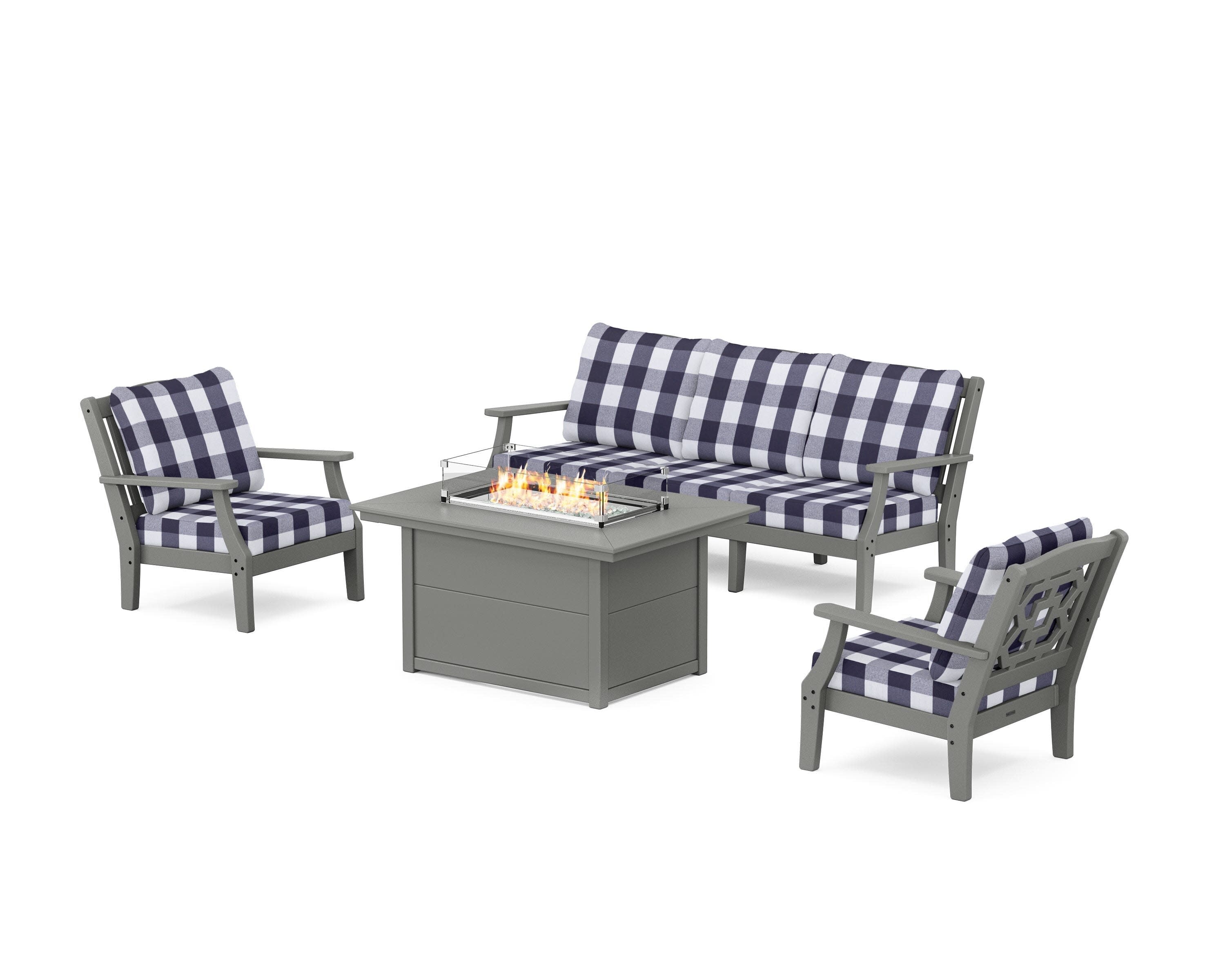 Chinoiserie Deep Seating Fire Pit Table Set in Slate Grey / Buffalo Plaid Navy
