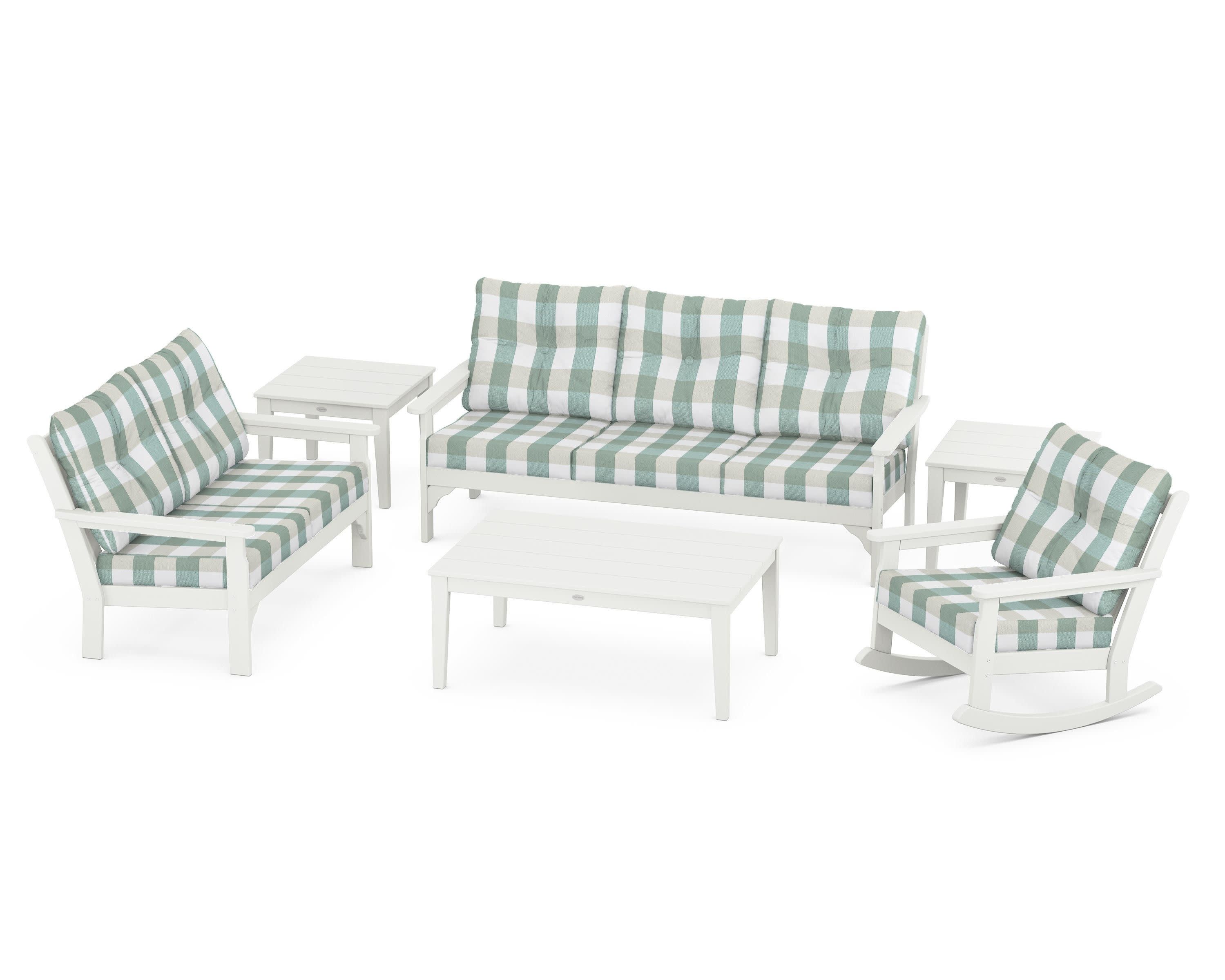 Vineyard 6-Piece Deep Seating Set in Vintage White / Buffalo Plaid Glacier Spa