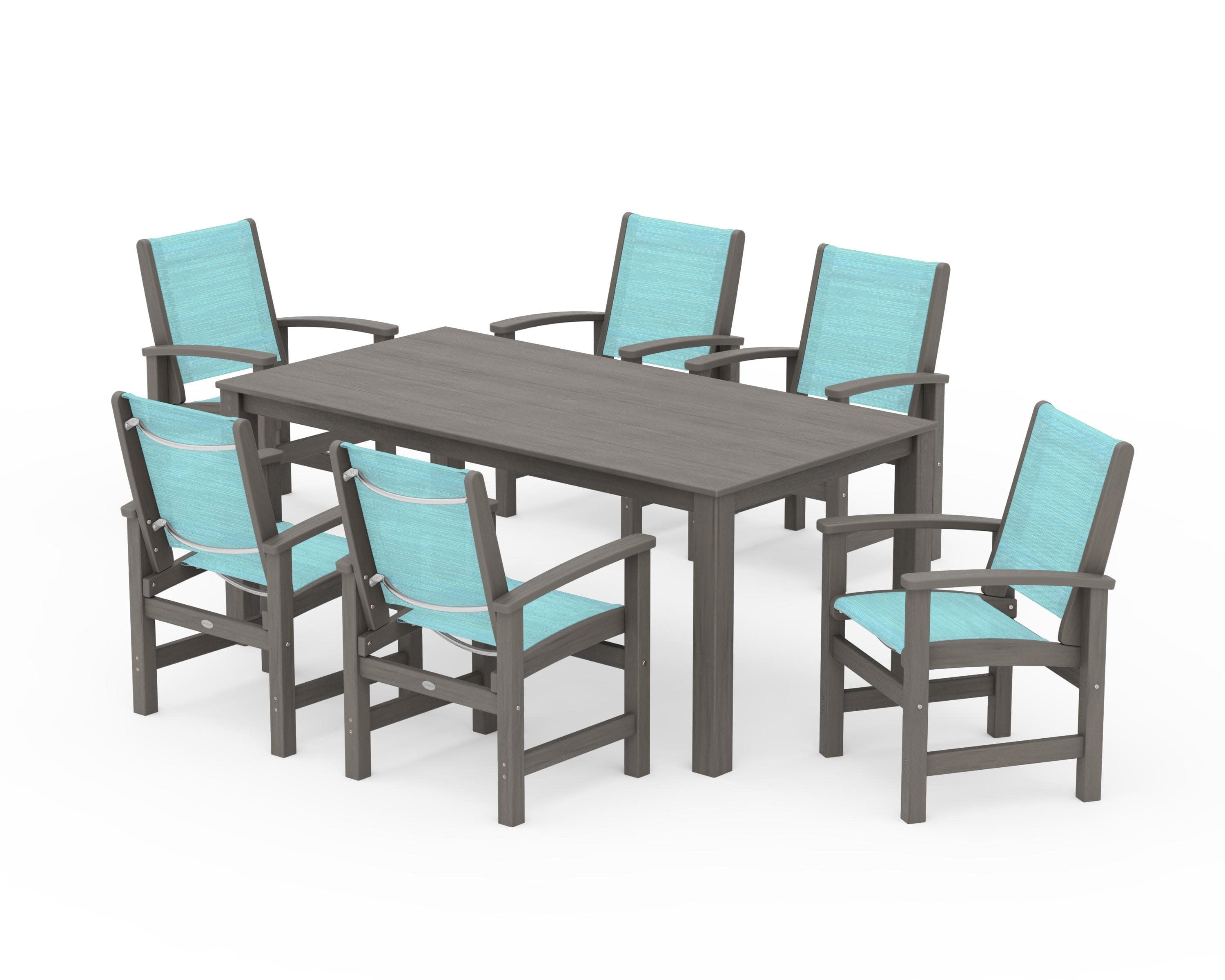 Coastal 7-Piece Parsons Dining Set in Driftwood / Dupioni Aquamarine Sling