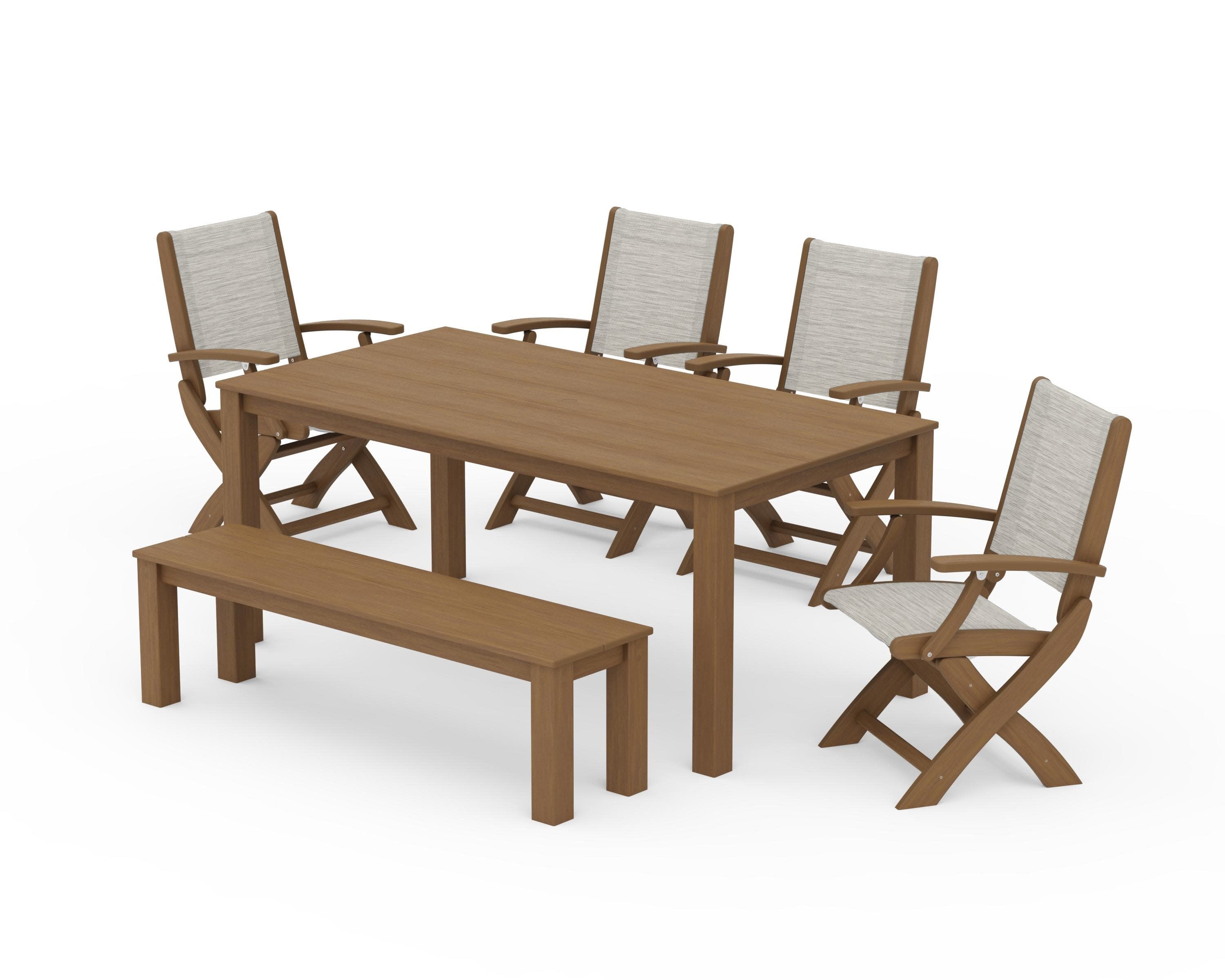 Coastal Folding Chair 6-Piece Parsons Dining Set with Bench in Natural / Birch Sling