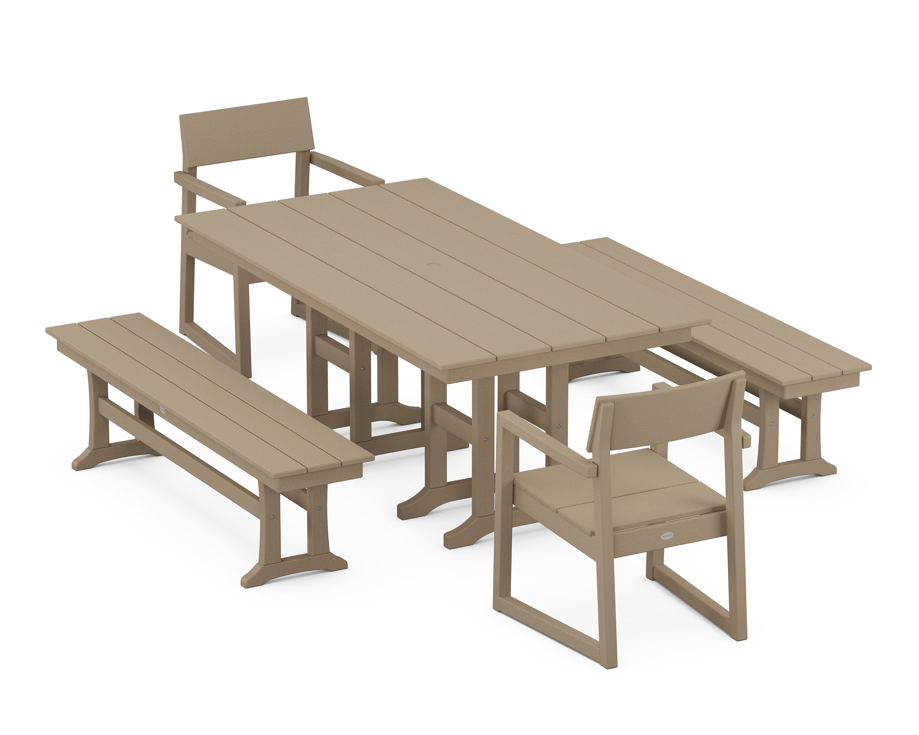 EDGE 5-Piece Farmhouse Dining Set with Benches in Vintage Sahara
