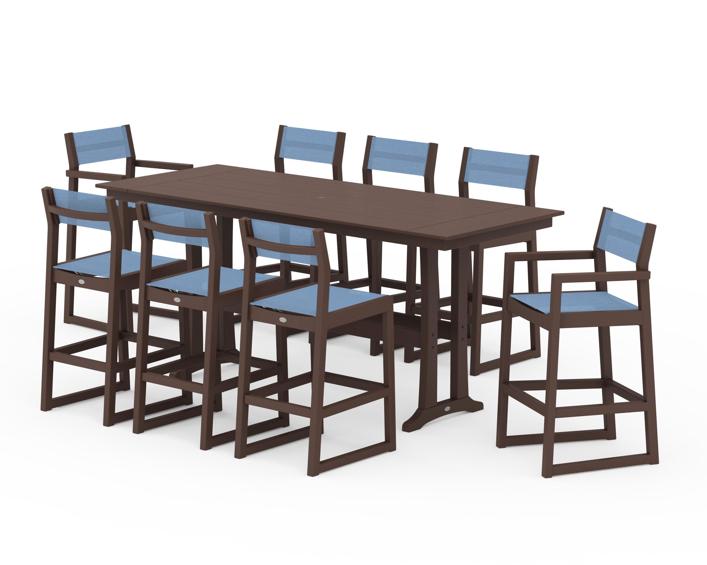 EDGE Sling 9-Piece Farmhouse Bar Set with Trestle Legs in Mahogany / Poolside Sling