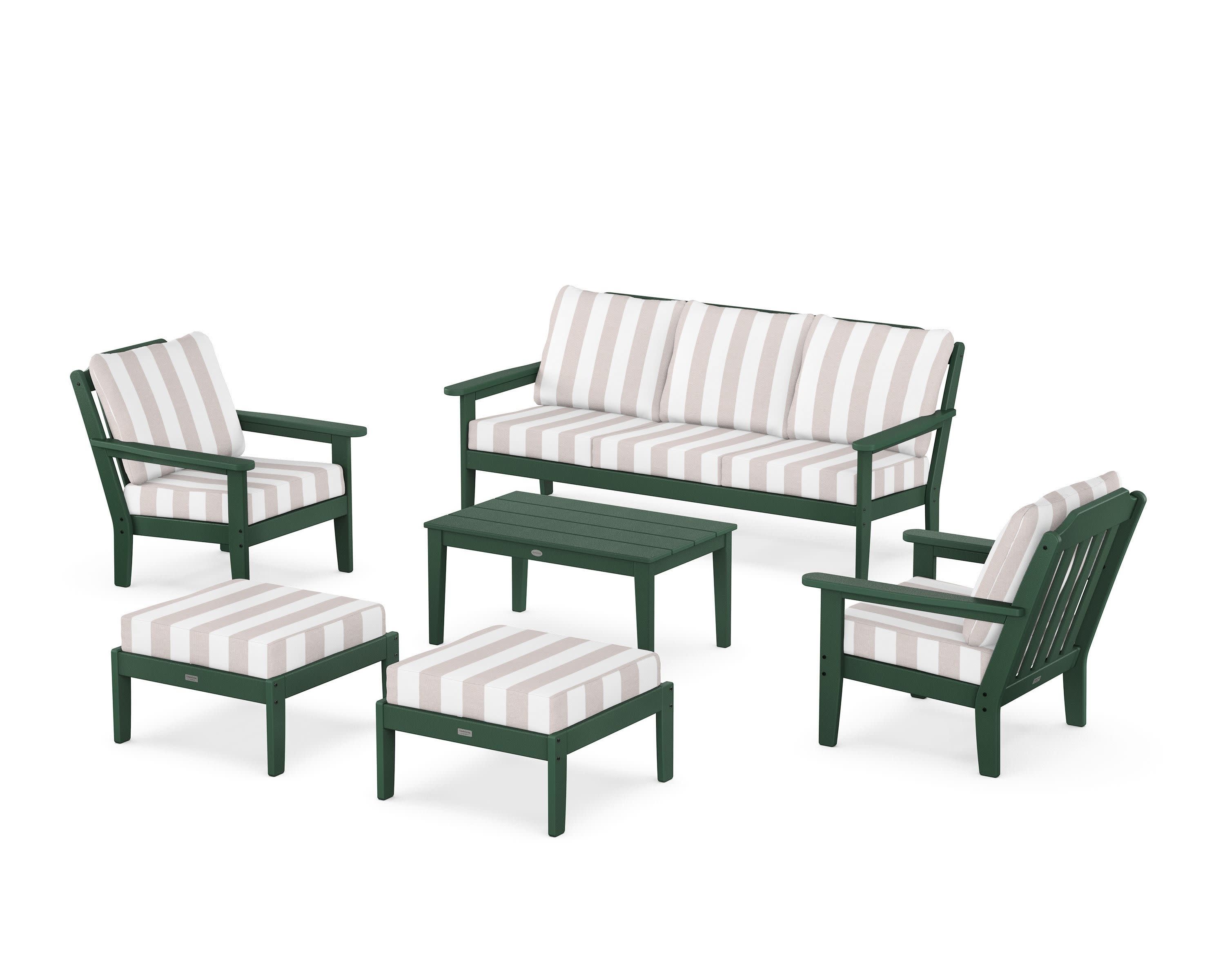 Cottage 6-Piece Lounge Sofa Set in Green / Cabana Stripe Dune Burlap