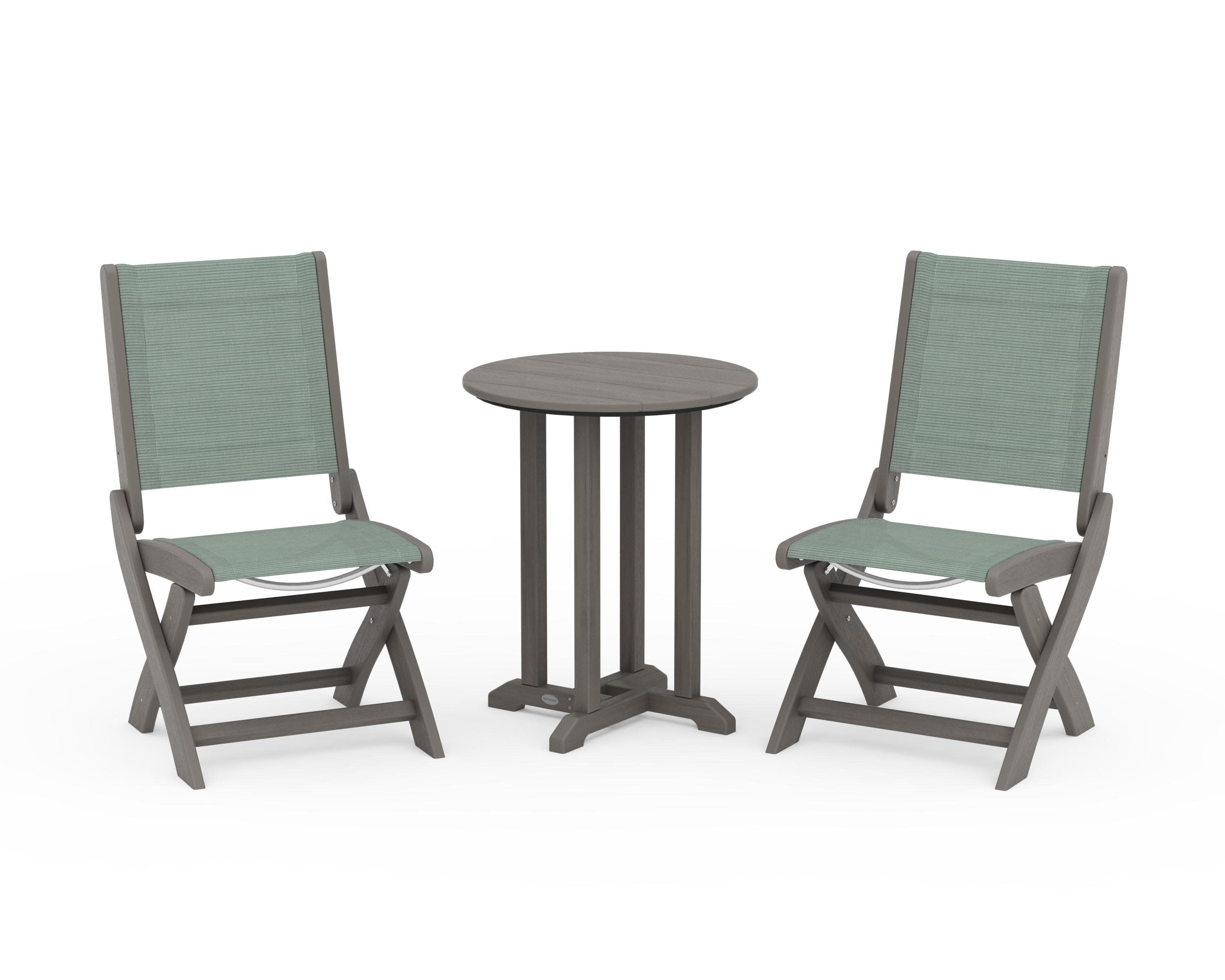 Coastal Folding Side Chair 3-Piece Round Bistro Dining Set in Driftwood / Dupioni Sea Mist Sling