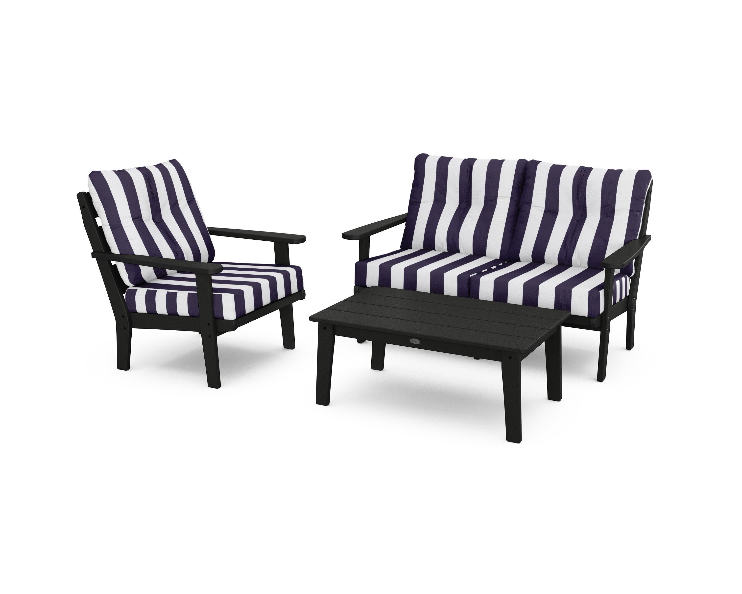 Lakeside 3-Piece Deep Seating Set in Black / Cabana Stripe Navy